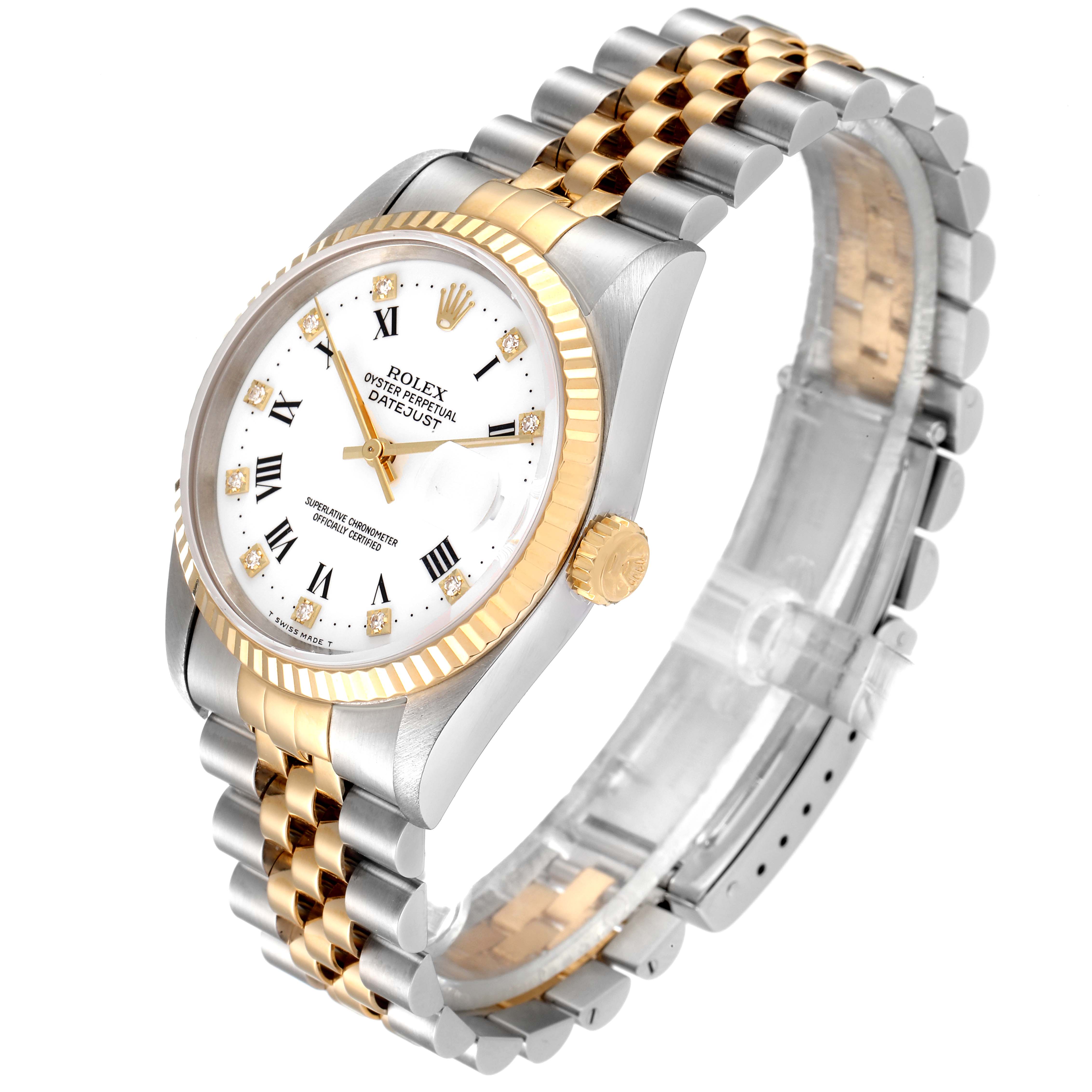 The image shows a Rolex Datejust 16233 Men's Steel and Gold (two tone) White Dial 16233 Men's Steel and Gold (two tone) White Dial watch at an angled side view, showcasing its gold and silver bracelet, crown, and white dial.