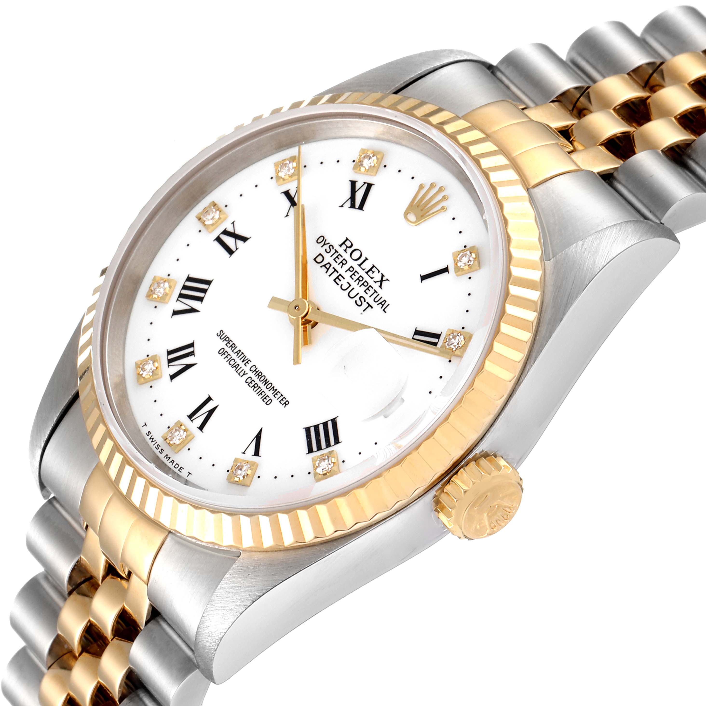 The Rolex Datejust 16233 Men's Steel and Gold (two tone) White Dial 16233 Men's Steel and Gold (two tone) White Dial watch is shown at an angled side view, highlighting the face, bezel, crown, and bracelet.