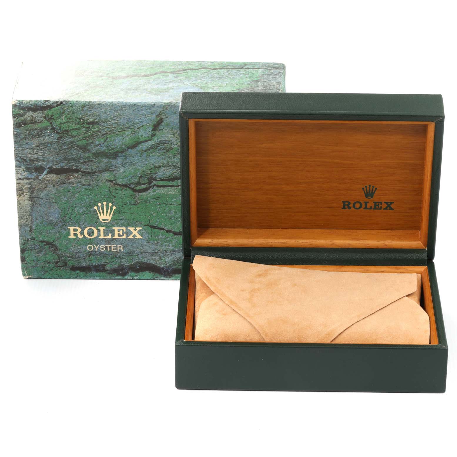 The image shows the packaging for a Rolex Datejust 16233 Men's Steel and Gold (two tone) White Dial 16233 Men's Steel and Gold (two tone) White Dial watch, featuring an open wooden box and its outer green box with branding.