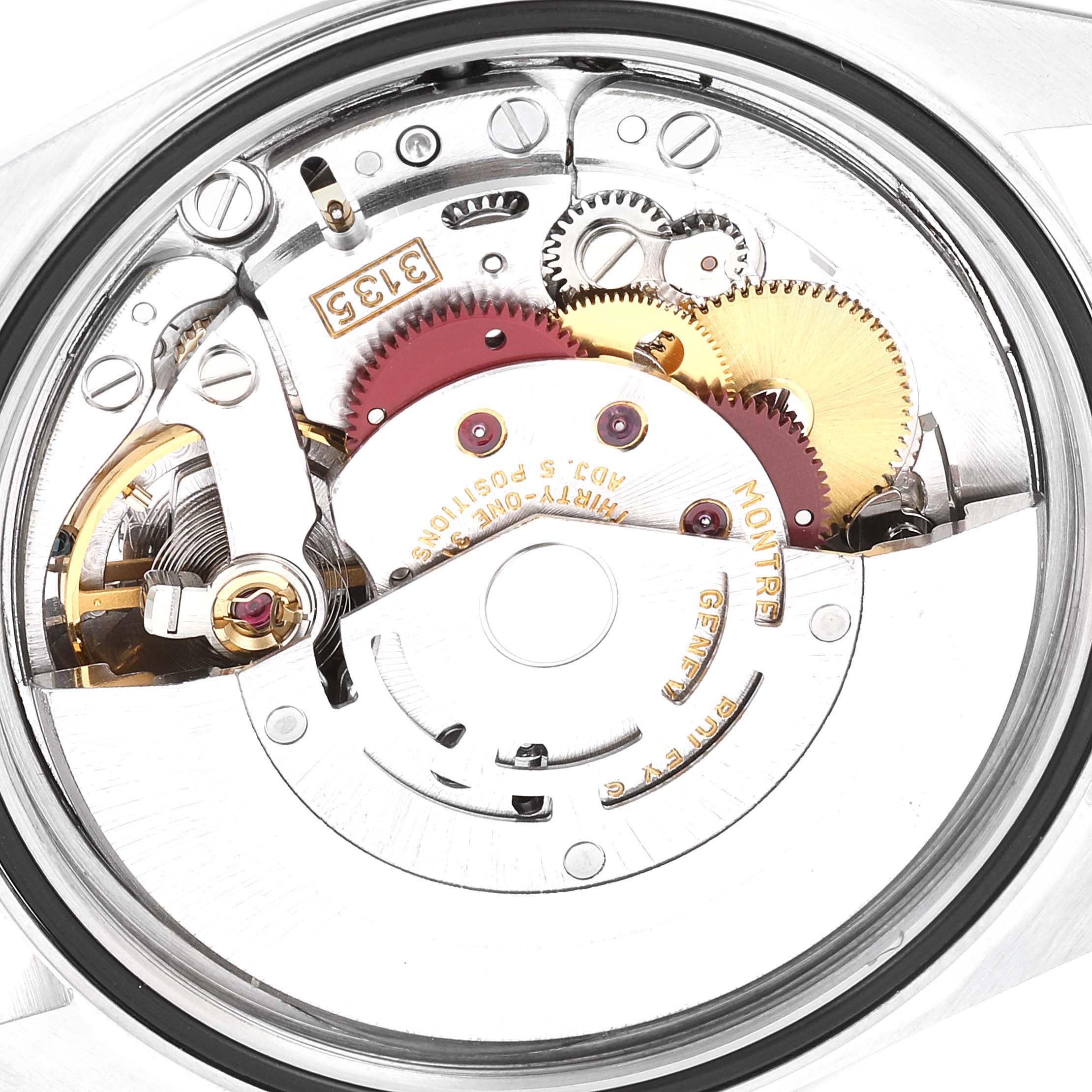 The image shows an internal view of the movement mechanism of a Rolex Datejust 16233 Men's Steel and Gold (two tone) White Dial 16233 Men's Steel and Gold (two tone) White Dial watch.