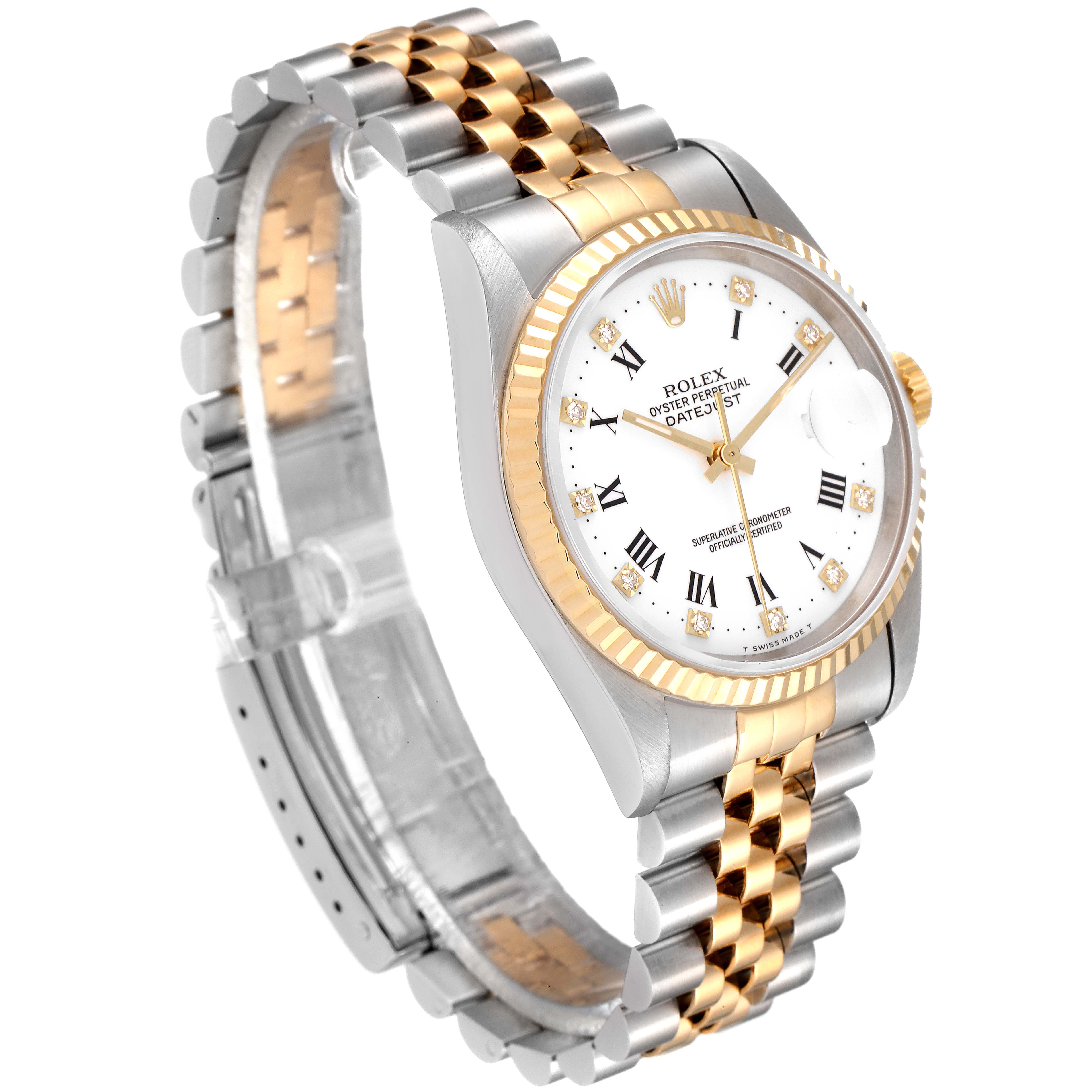 This Rolex Datejust 16233 Men's Steel and Gold (two tone) White Dial 16233 Men's Steel and Gold (two tone) White Dial watch is shown at an angled side view including the bracelet, bezel, dial, and crown.