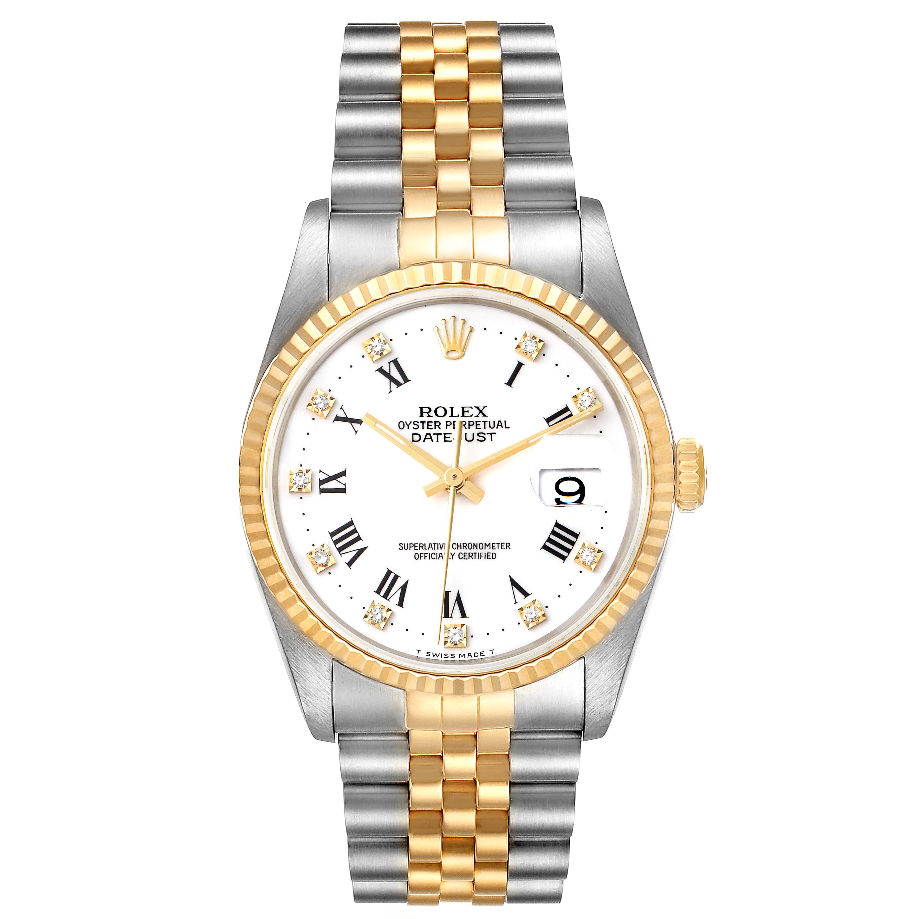 The image shows a front view of a Rolex Datejust 16233 Men's Steel and Gold (two tone) White Dial 16233 Men's Steel and Gold (two tone) White Dial watch, featuring a two-tone bracelet and white dial with Roman numerals.