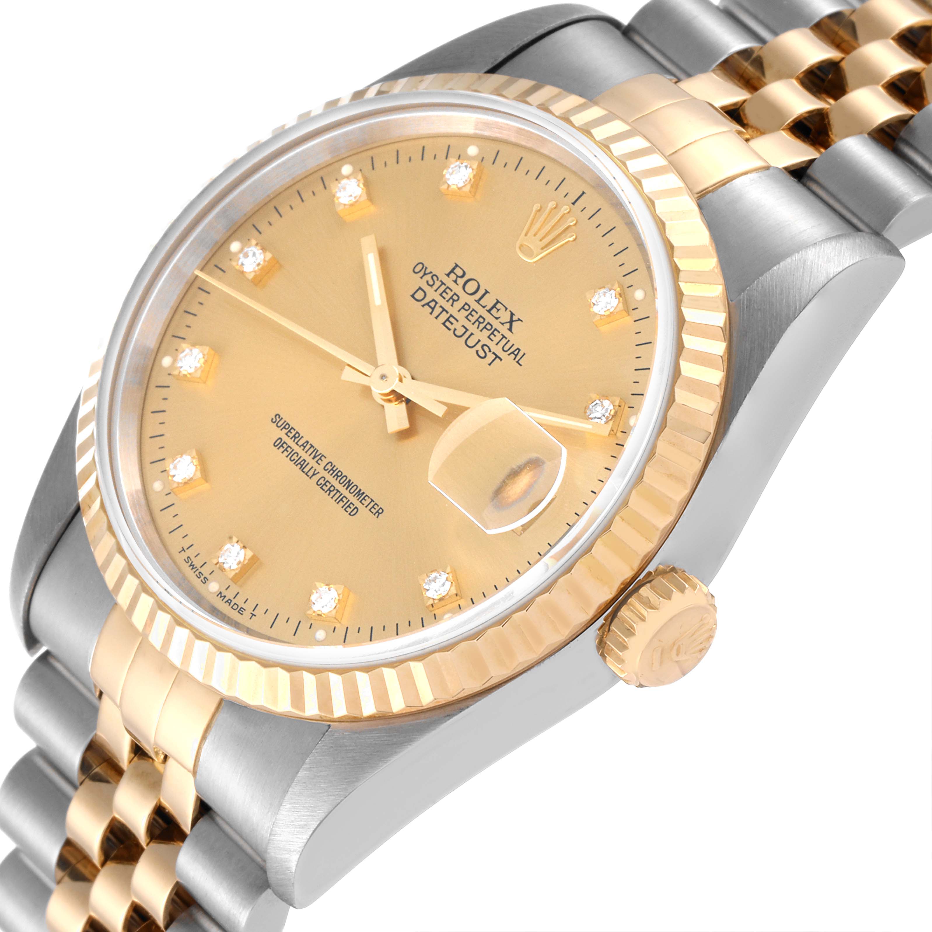 This image shows a close-up of a Rolex Datejust 16233 Men's Steel and Gold (two tone) Champagne Dial 16233 Men's Steel and Gold (two tone) Champagne Dial watch at an oblique angle, highlighting the dial, crown, and jubilee bracelet.
