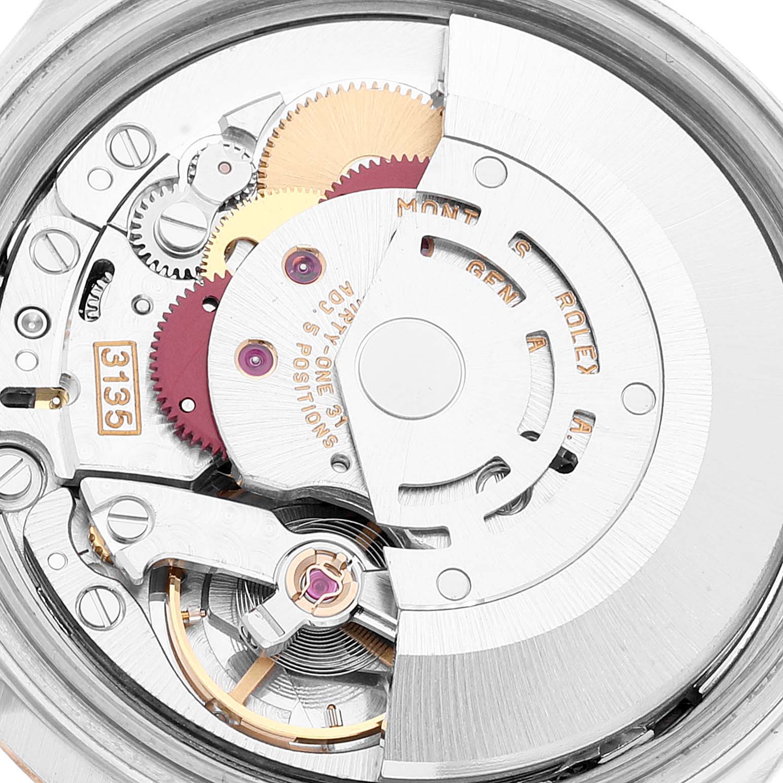 The image shows a close-up, detailed view of the movement mechanism of a Rolex Datejust 16233 Men's Steel and Gold (two tone) Champagne Dial 16233 Men's Steel and Gold (two tone) Champagne Dial watch.
