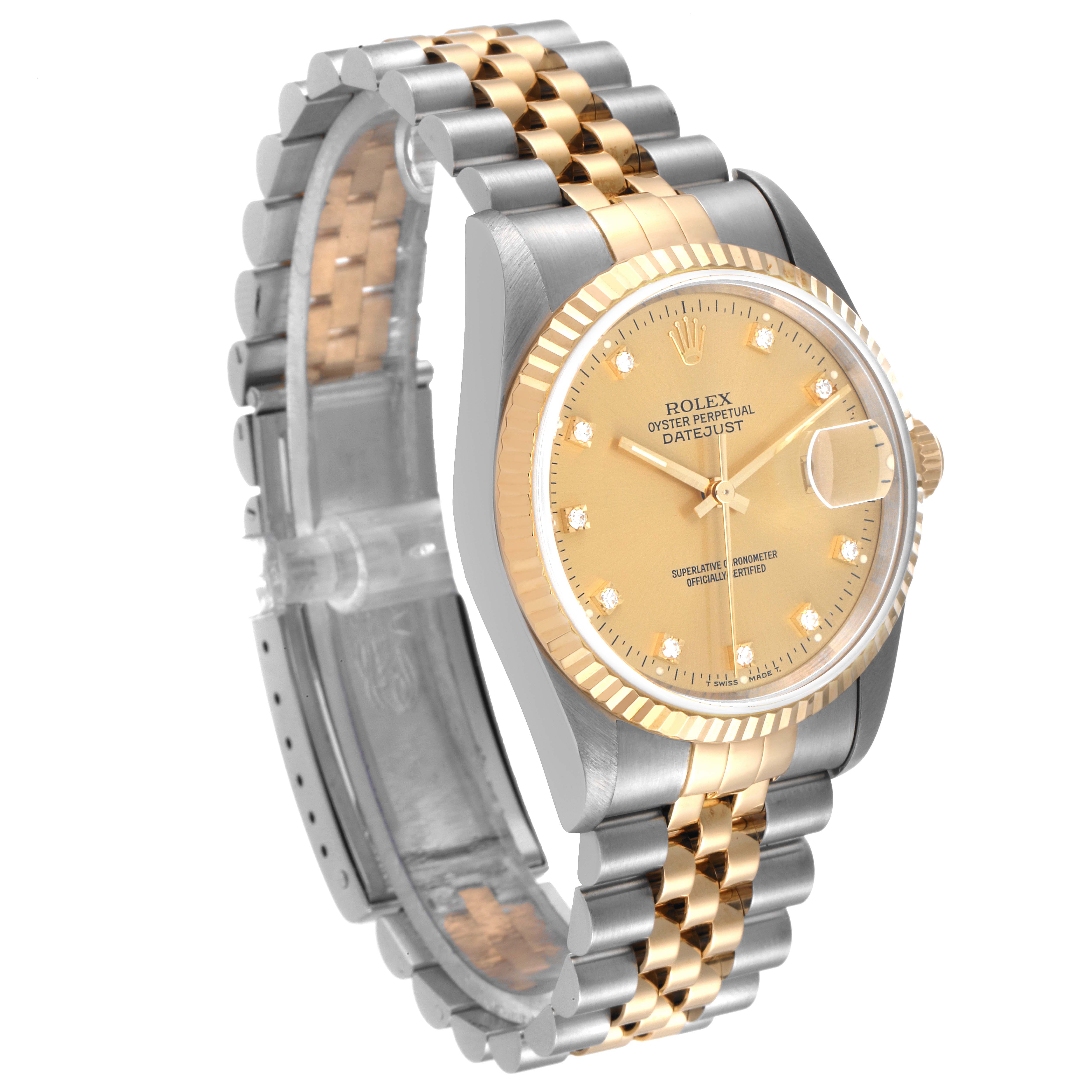 The Rolex Datejust 16233 Men's Steel and Gold (two tone) Champagne Dial 16233 Men's Steel and Gold (two tone) Champagne Dial watch is shown at a three-quarter angle, highlighting its two-tone bracelet, fluted bezel, and dial.