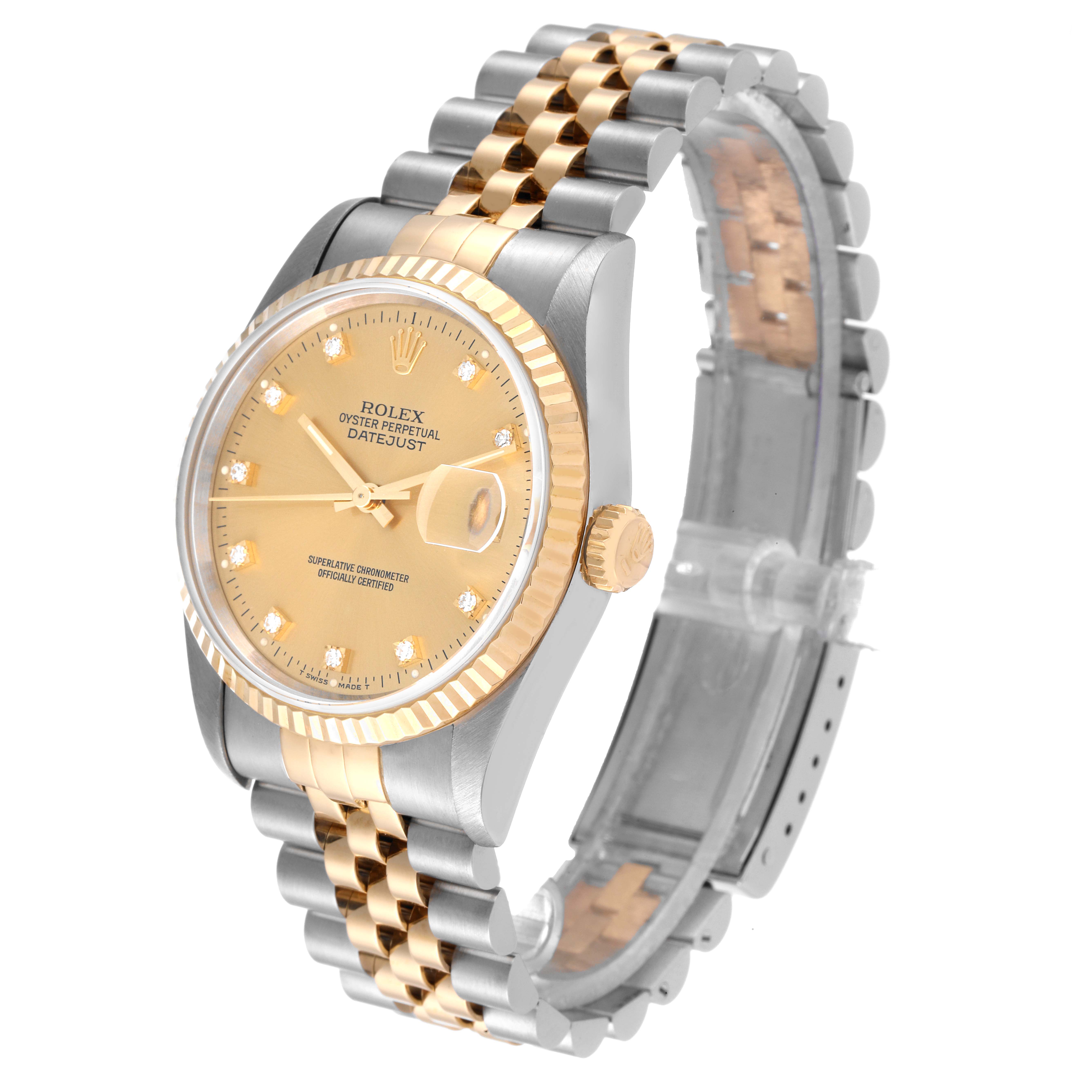 The image shows a Rolex Datejust 16233 Men's Steel and Gold (two tone) Champagne Dial 16233 Men's Steel and Gold (two tone) Champagne Dial watch at an angled side view, highlighting the gold and silver bracelet, crown, and dial features.