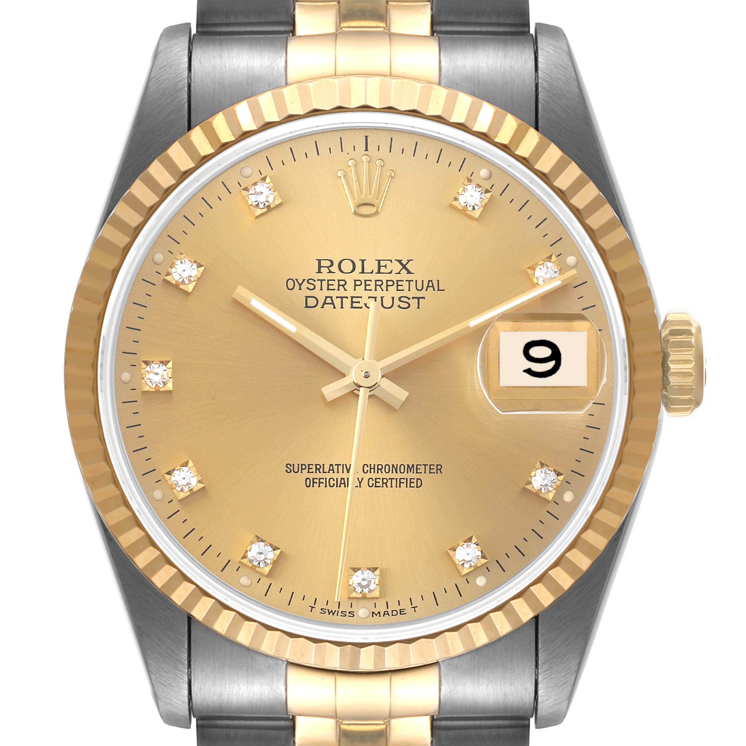 The image shows a frontal view of the Rolex Datejust 16233 Men's Steel and Gold (two tone) Champagne Dial 16233 Men's Steel and Gold (two tone) Champagne Dial watch, displaying the dial, hands, date window, and part of the bracelet.