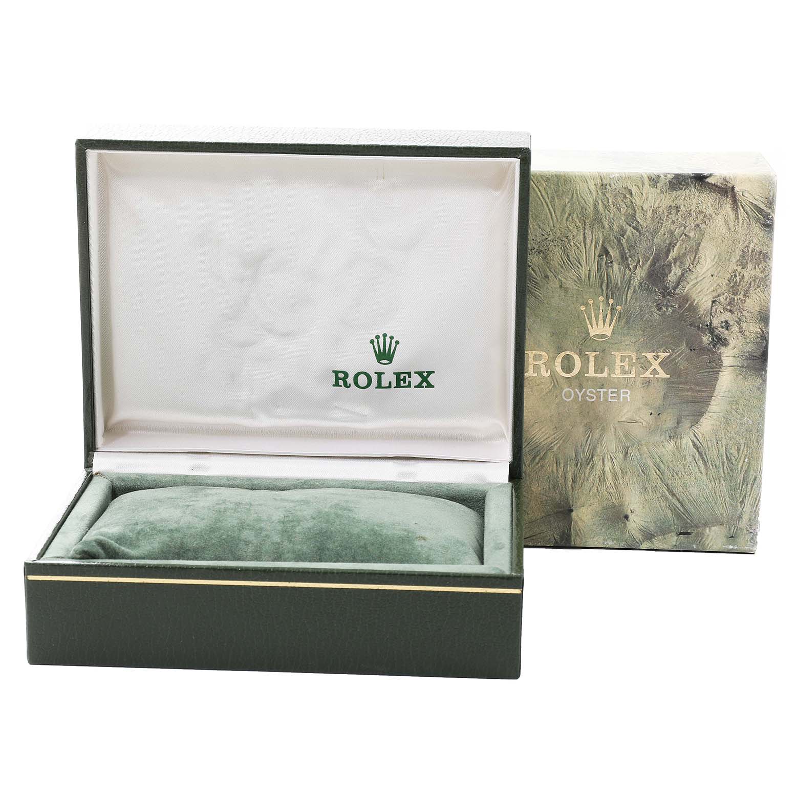 The image shows an open Rolex Datejust 16233 Men's Steel and Gold (two tone) Champagne Dial 16233 Men's Steel and Gold (two tone) Champagne Dial watch box with a green velvet pillow, and the outer packaging next to it.
