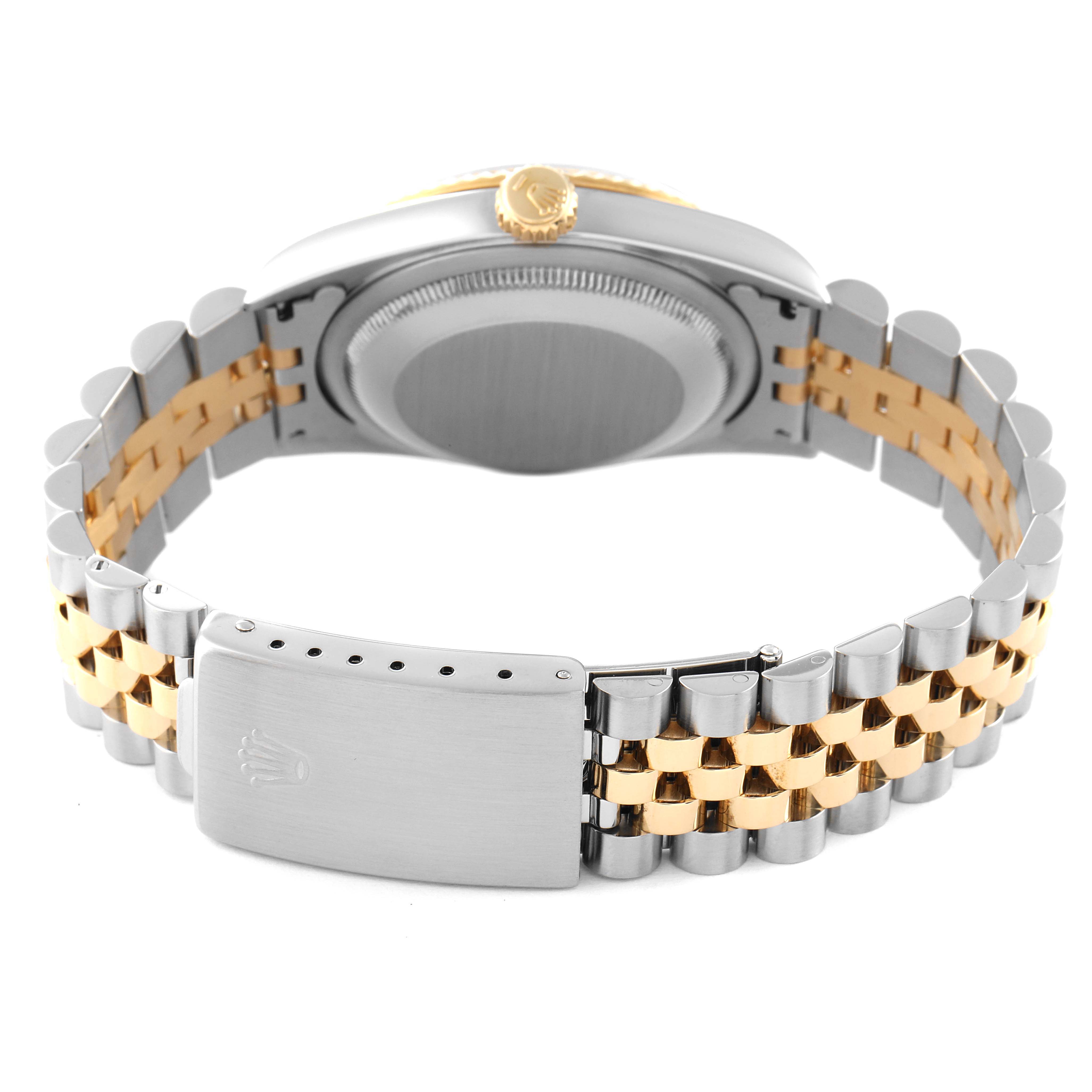 This image shows the back view of the Rolex Datejust 16233 Men's Steel and Gold (two tone) Champagne Dial 16233 Men's Steel and Gold (two tone) Champagne Dial watch, featuring the case back, crown, and two-tone Jubilee bracelet.