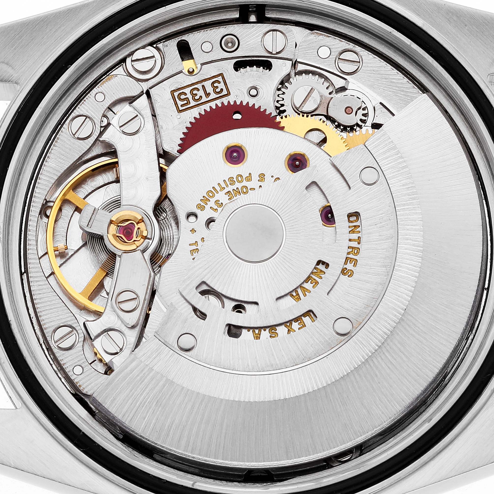 This image shows the intricate inner movement mechanism of a Rolex Datejust 16233 Men's Steel and Gold (two tone) Champagne Dial 16233 Men's Steel and Gold (two tone) Champagne Dial watch from a back angle.