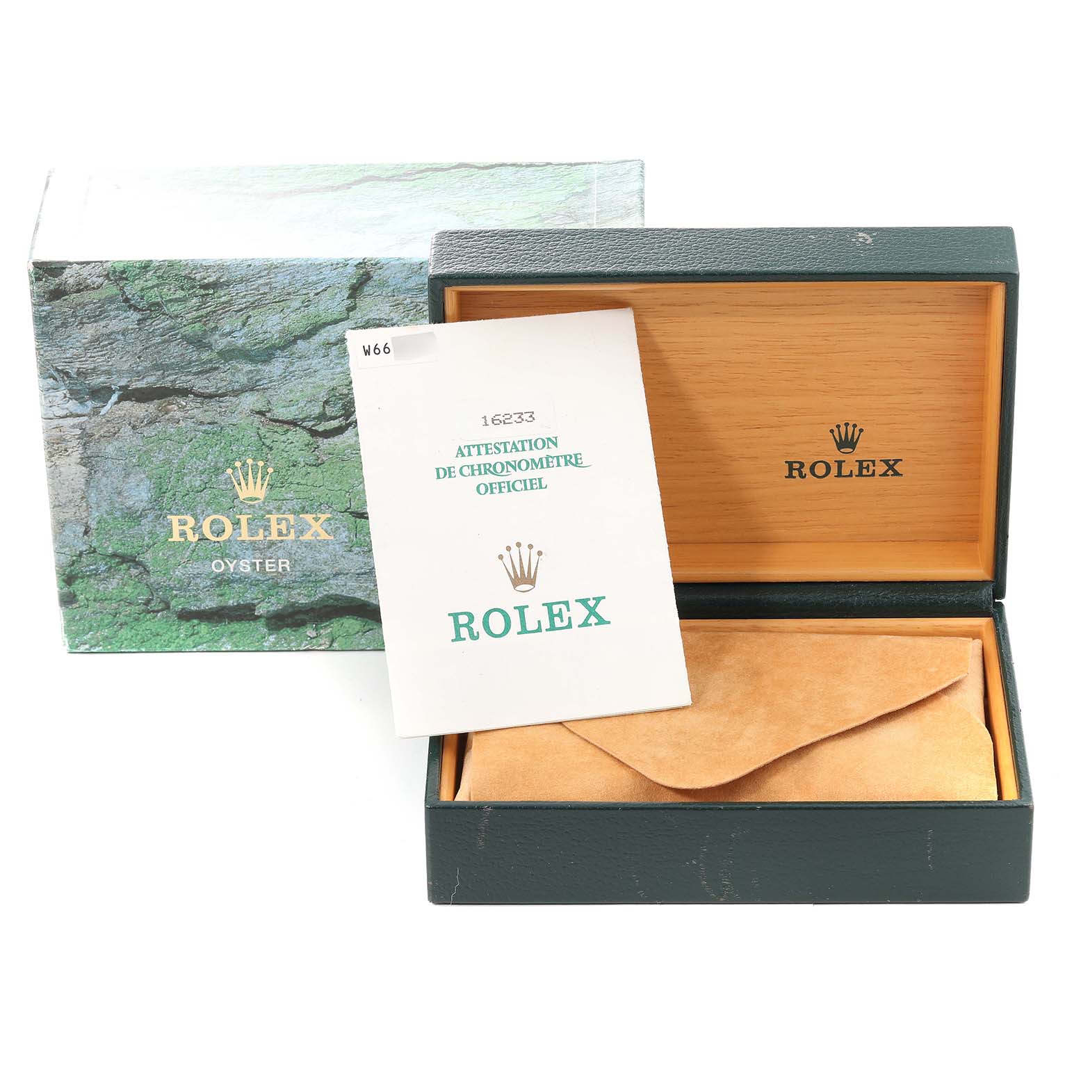 The image shows the packaging and documentation of a Rolex Datejust 16233 Men's Steel and Gold (two tone) Champagne Dial 16233 Men's Steel and Gold (two tone) Champagne Dial watch, including its box and certificate.