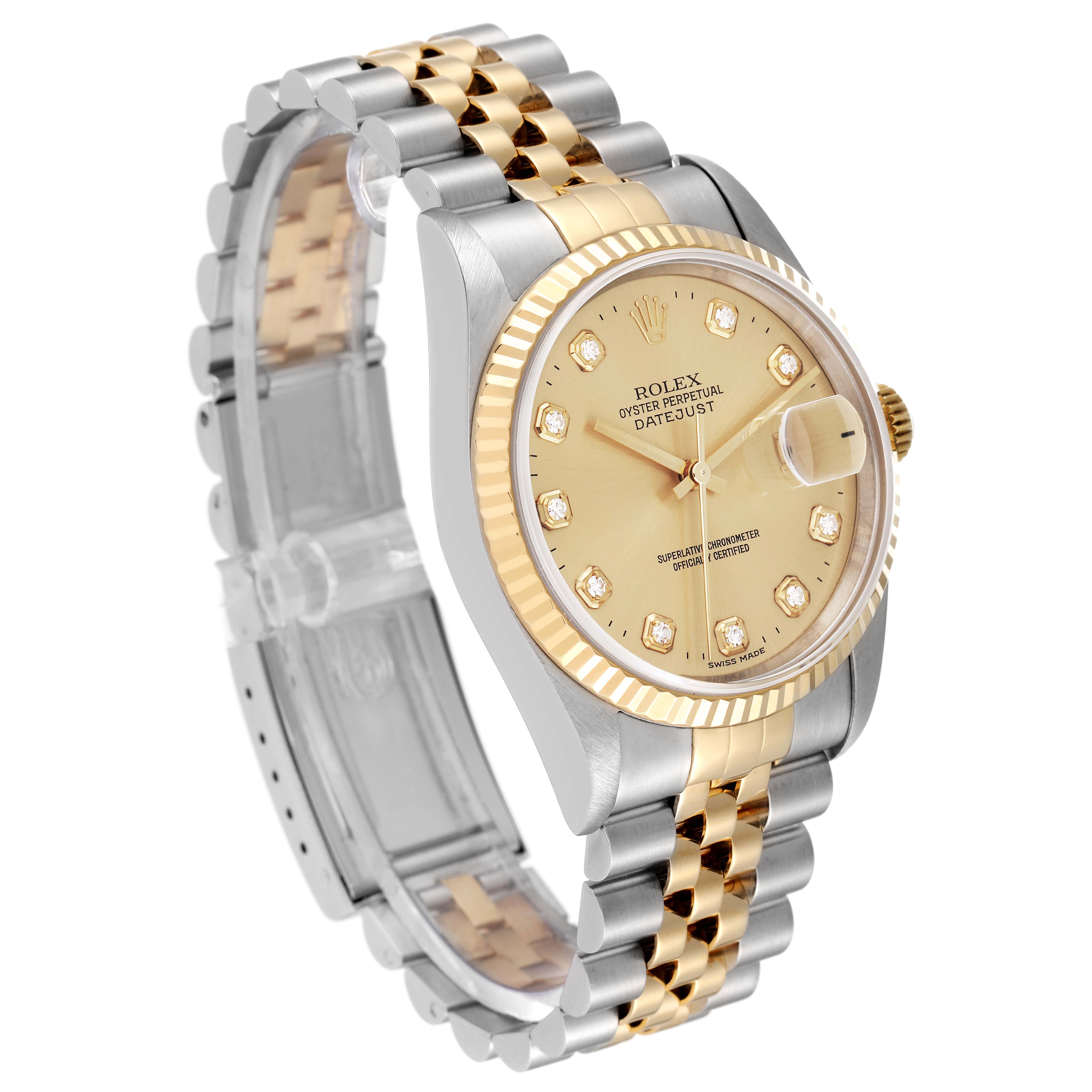 The image shows a Rolex Datejust 16233 Men's Steel and Gold (two tone) Champagne Dial 16233 Men's Steel and Gold (two tone) Champagne Dial watch at an oblique angle, highlighting its champagne dial, gold fluted bezel, and two-tone bracelet.