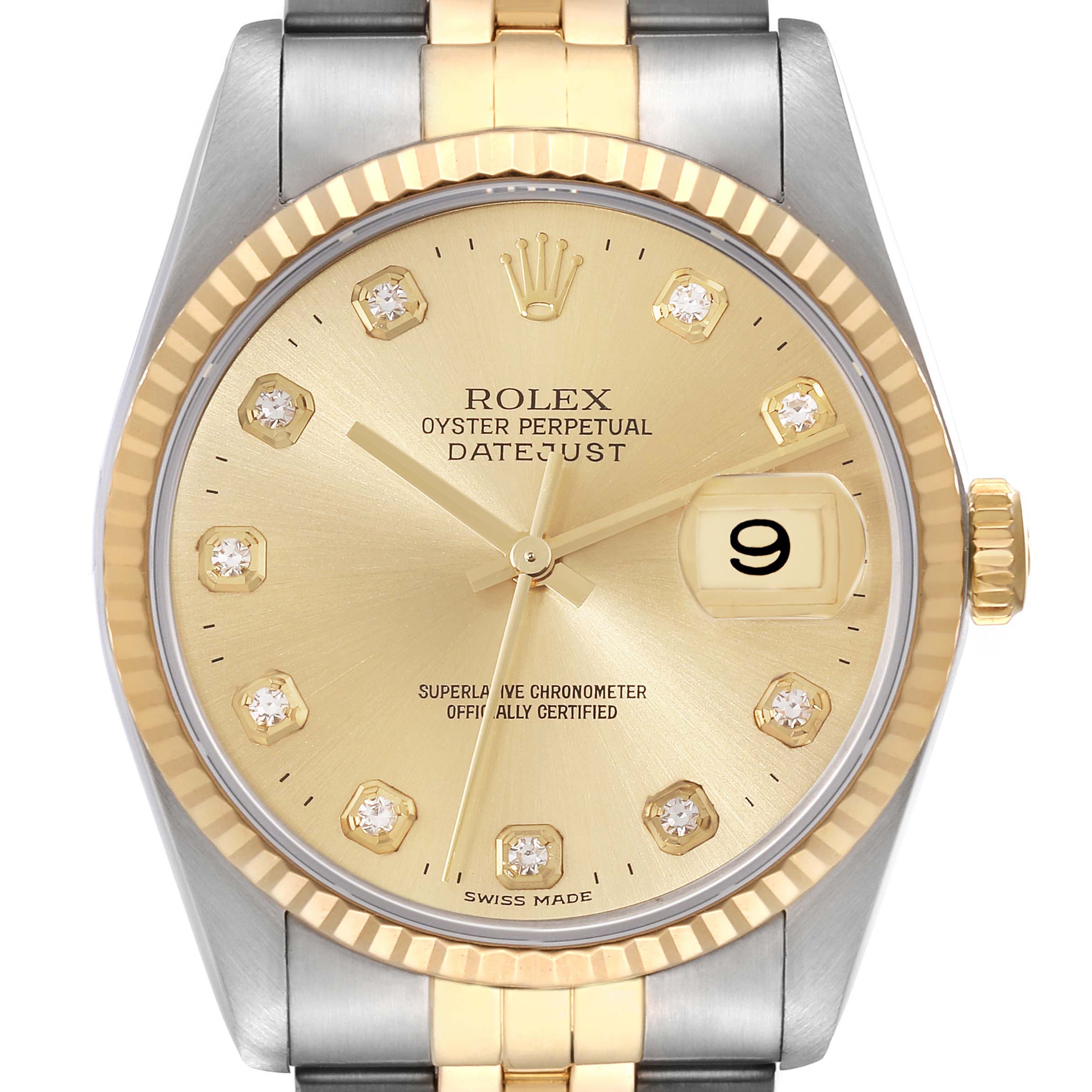 This image shows a front view of the Rolex Datejust 16233 Men's Steel and Gold (two tone) Champagne Dial 16233 Men's Steel and Gold (two tone) Champagne Dial watch, featuring its dial, bezel, and bracelet.