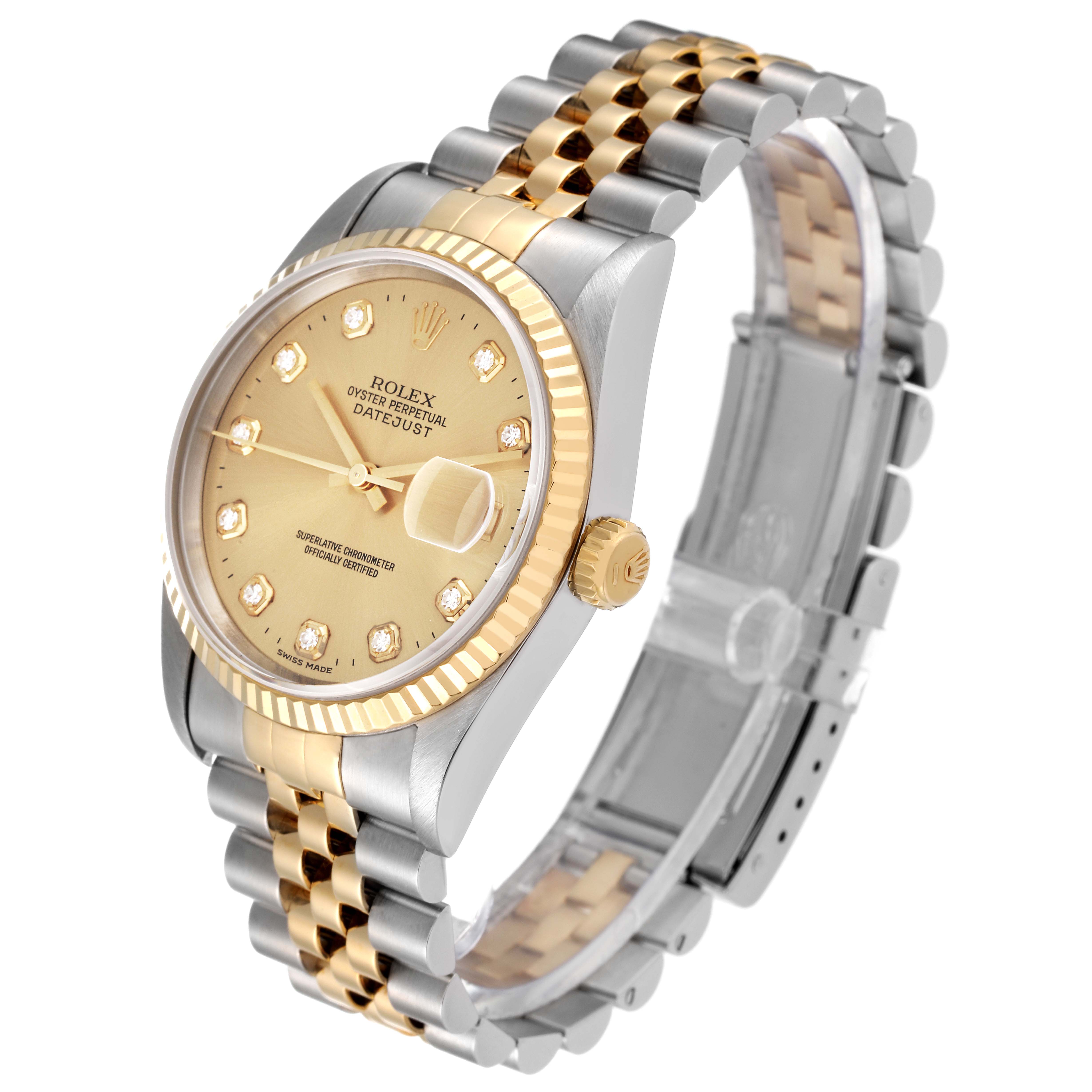 The Rolex Datejust 16233 Men's Steel and Gold (two tone) Champagne Dial 16233 Men's Steel and Gold (two tone) Champagne Dial watch is shown at a three-quarter angle, highlighting its gold bezel, dial, and two-tone bracelet.