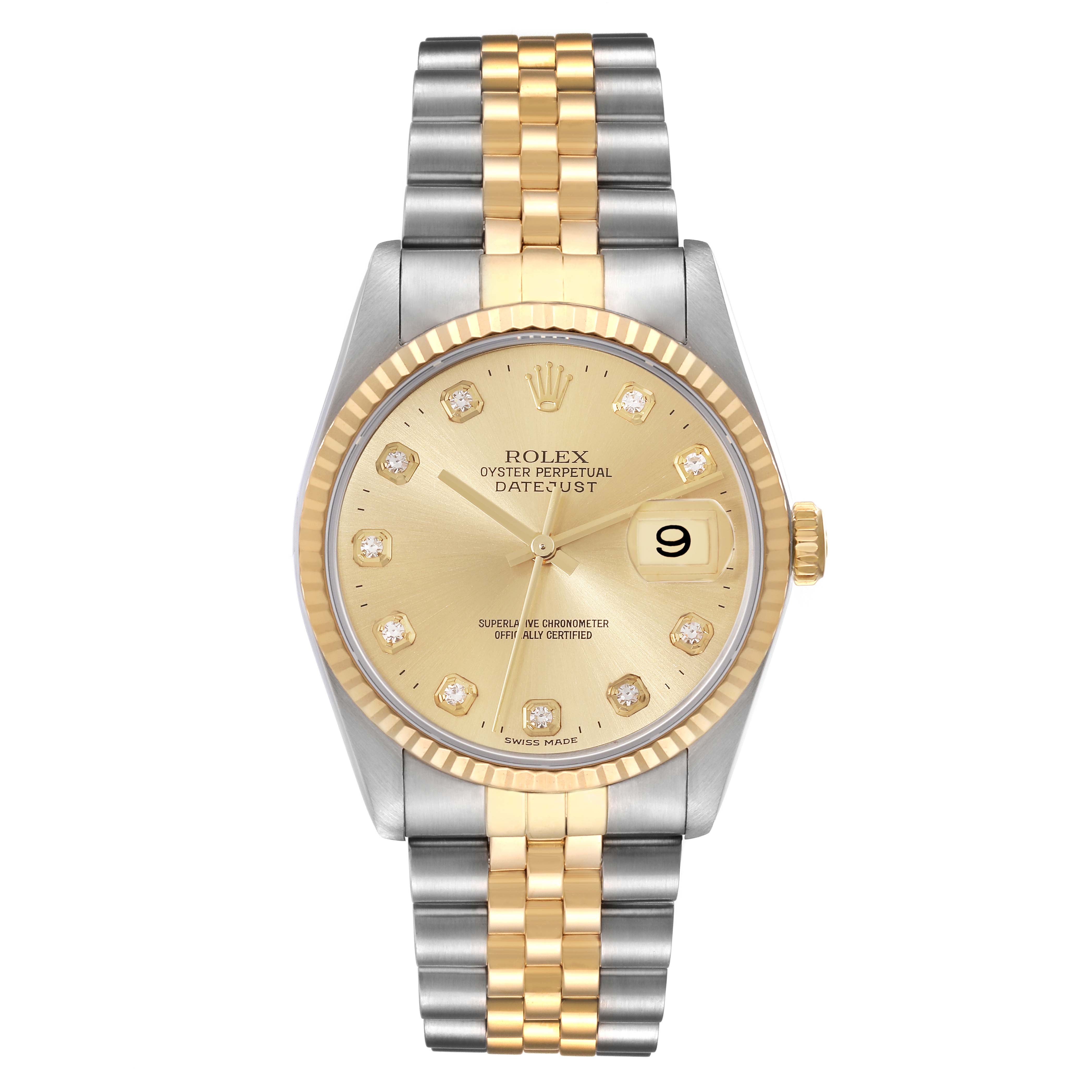 This image shows a Rolex Datejust 16233 Men's Steel and Gold (two tone) Champagne Dial 16233 Men's Steel and Gold (two tone) Champagne Dial watch from a front angle, highlighting the dial, bracelet, bezel, and crown.