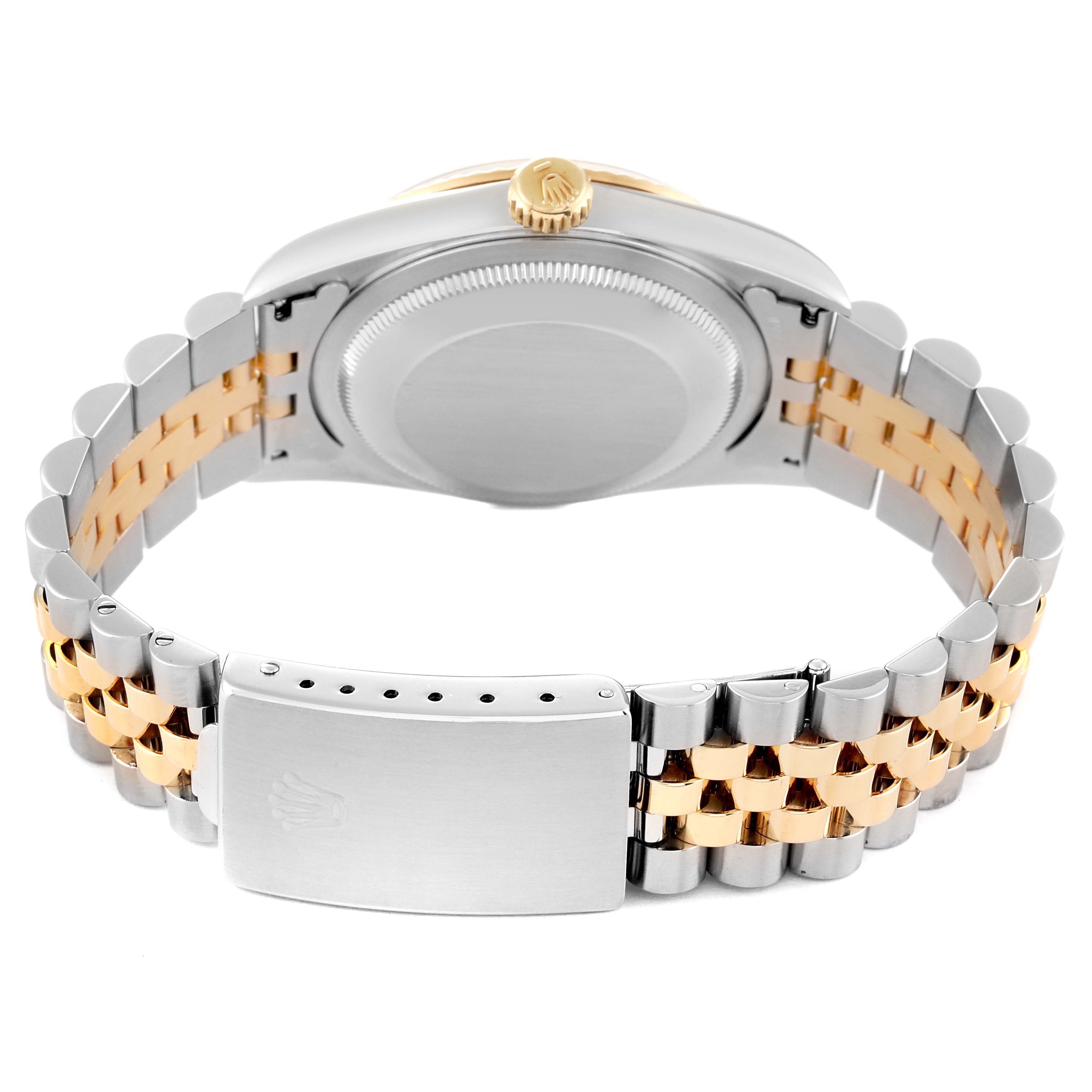 This image shows the back view of a Rolex Datejust 16233 Men's Steel and Gold (two tone) Champagne Dial 16233 Men's Steel and Gold (two tone) Champagne Dial watch, focusing on the case back and jubilee bracelet with clasp.