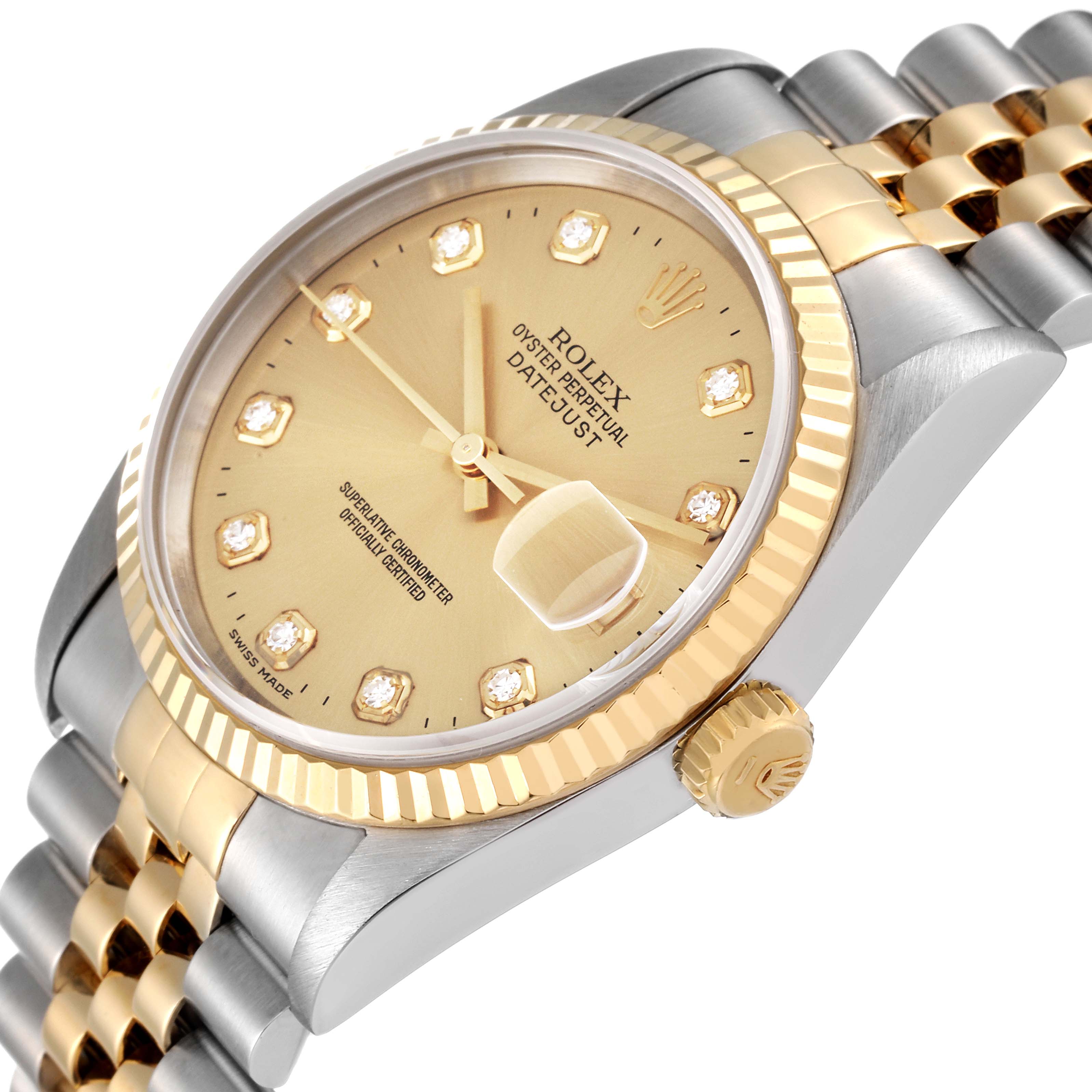 The image shows a close-up angle of the Rolex Datejust 16233 Men's Steel and Gold (two tone) Champagne Dial 16233 Men's Steel and Gold (two tone) Champagne Dial watch, focusing on its dial, bezel, crown, and part of the bracelet.