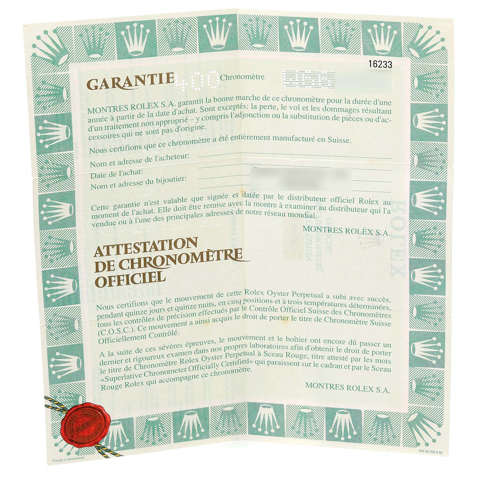 The image shows the guarantee and official chronometer certification for the Rolex Datejust 16233 Men's Steel and Gold (two tone) Champagne Dial 16233 Men's Steel and Gold (two tone) Champagne Dial model.