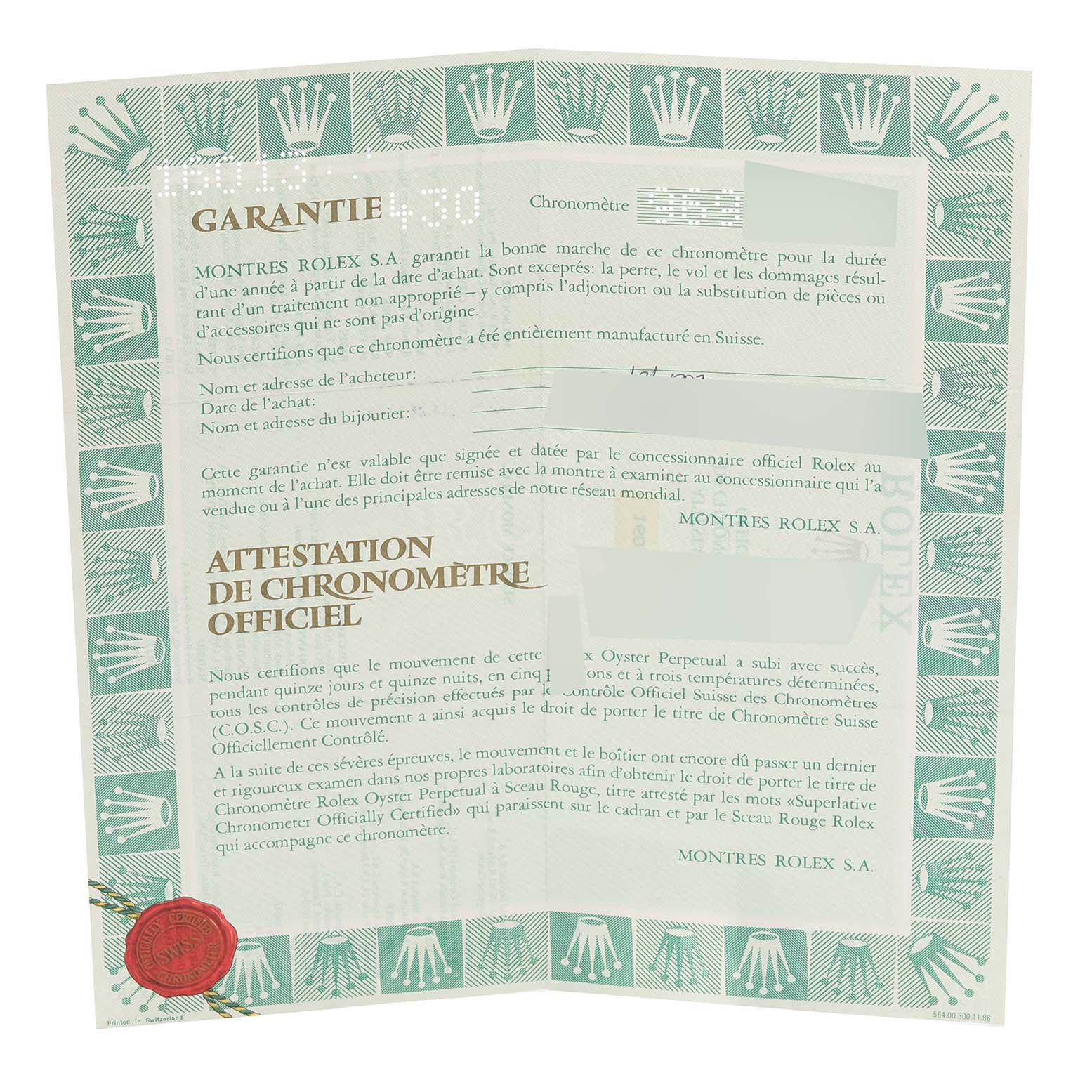 The image shows a warranty certificate for a Rolex Datejust 16013 Men's Steel and Gold (two tone) Champagne Dial 16013 Men's Steel and Gold (two tone) Champagne Dial watch, including text and logos.