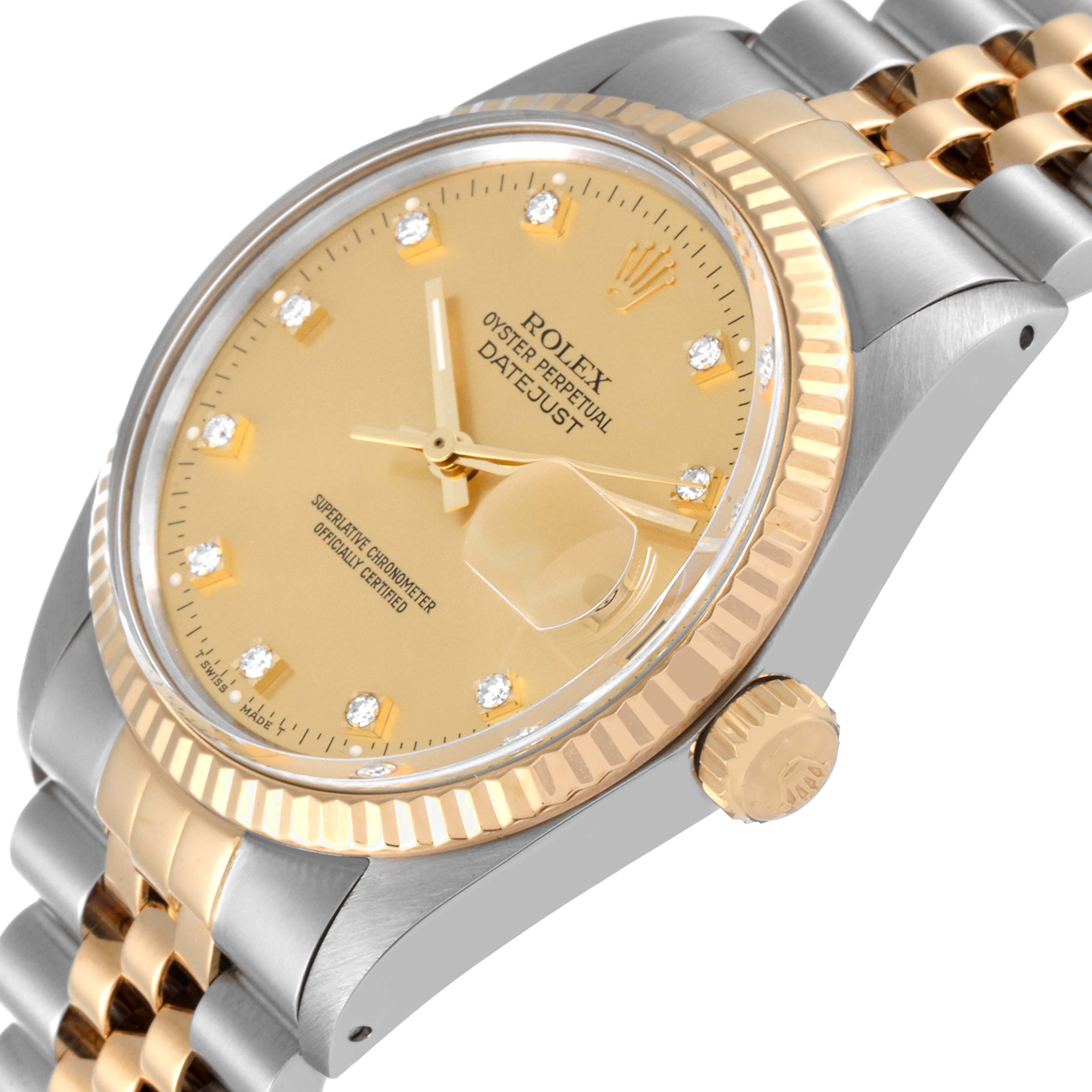 This image shows a Rolex Datejust 16013 Men's Steel and Gold (two tone) Champagne Dial 16013 Men's Steel and Gold (two tone) Champagne Dial with a gold dial, diamond hour markers, a fluted bezel, and a two-tone Jubilee bracelet from an oblique angle.