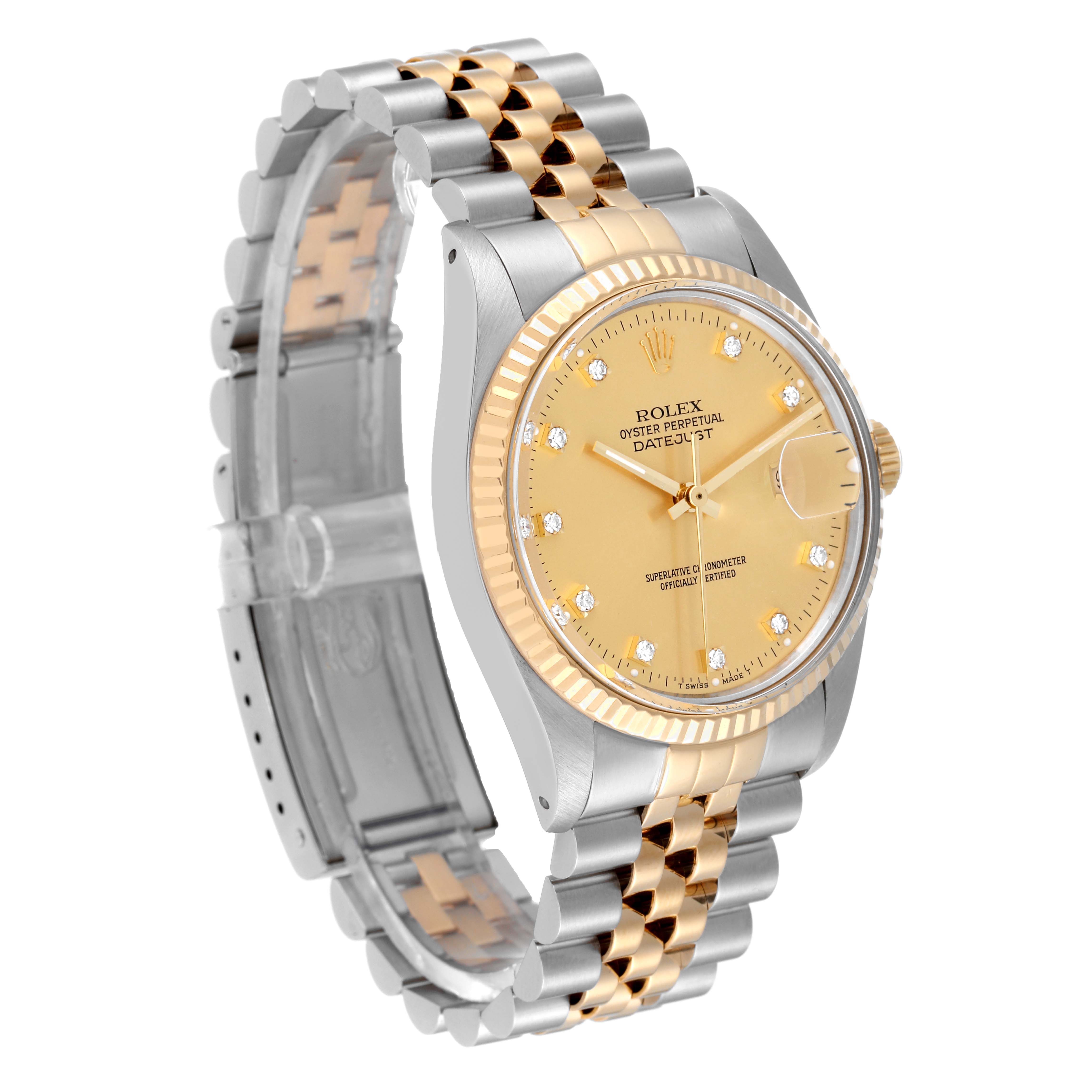 This image shows a Rolex Datejust 16013 Men's Steel and Gold (two tone) Champagne Dial 16013 Men's Steel and Gold (two tone) Champagne Dial watch at a slight angle displaying the bracelet, bezel, dial, and crown.