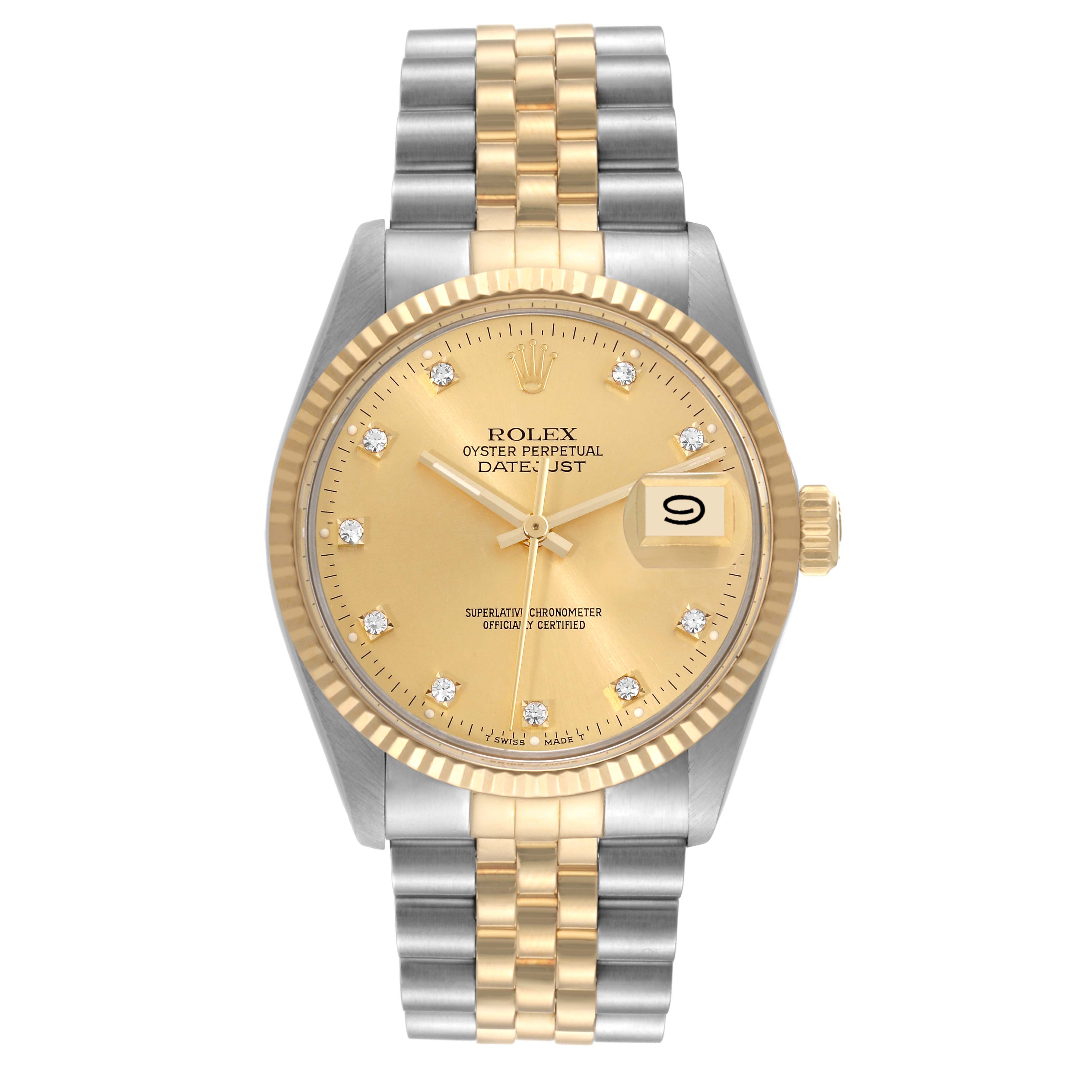 This Rolex Datejust 16013 Men's Steel and Gold (two tone) Champagne Dial 16013 Men's Steel and Gold (two tone) Champagne Dial watch is shown from a front angle, highlighting its dial, bezel, and bracelet.