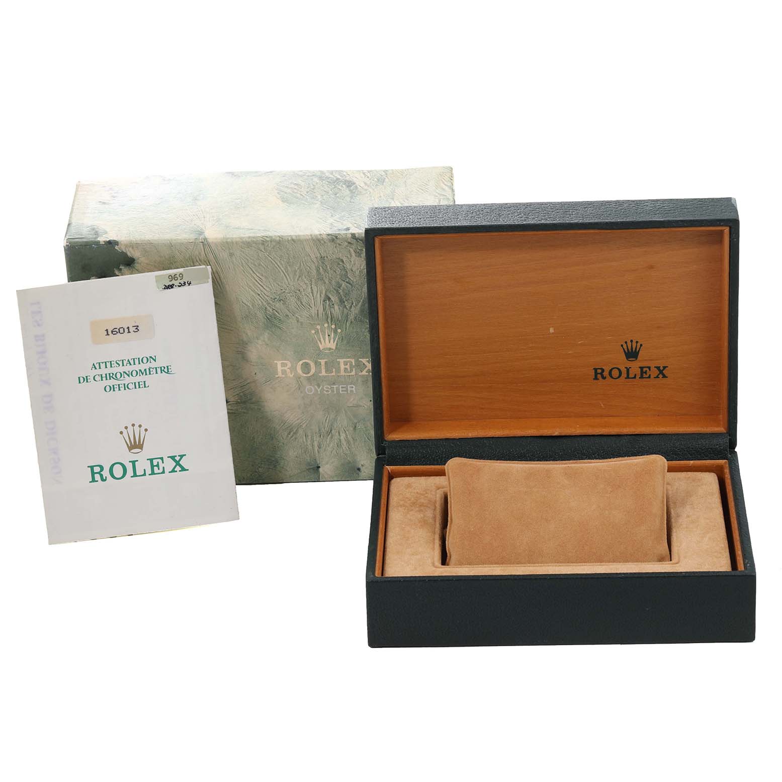 The image shows the open box, outer box, and certificate for a Rolex Datejust 16013 Men's Steel and Gold (two tone) Champagne Dial 16013 Men's Steel and Gold (two tone) Champagne Dial watch.
