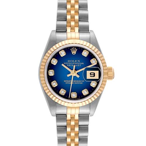 The Rolex Datejust watch is shown from a front angle, highlighting its blue dial, fluted bezel, and two-tone bracelet.