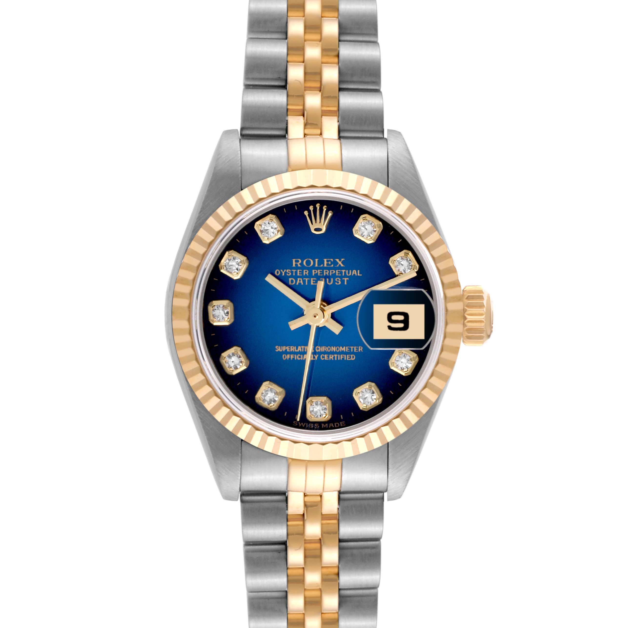 This Rolex Datejust 79173 Women's Steel and Gold (two tone) Blue Dial 79173 Women's Steel and Gold (two tone) Blue Dial watch is viewed from the front, showing its blue dial, diamond hour markers, gold fluted bezel, and two-tone bracelet.