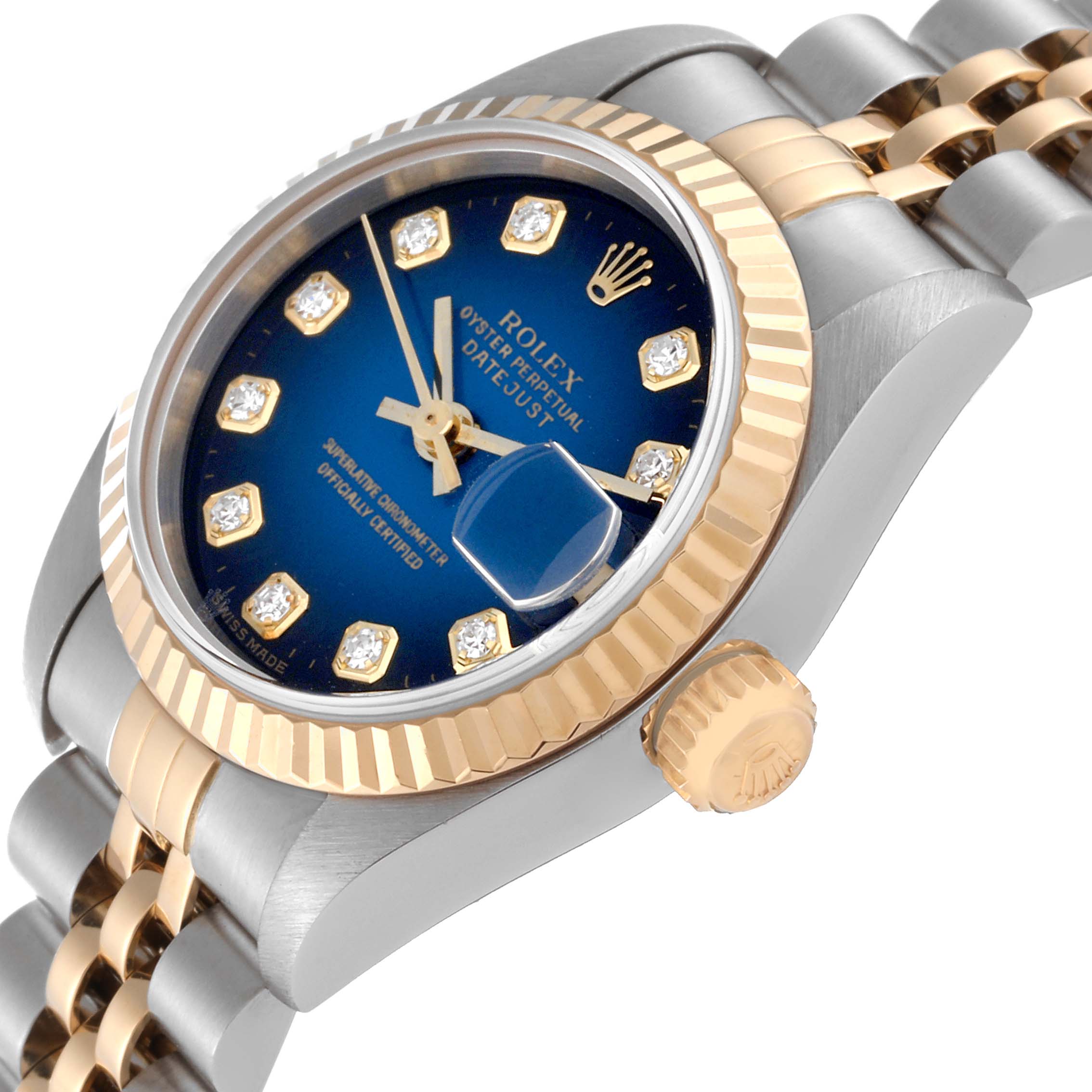 The image shows a close-up angle of the Rolex Datejust 79173 Women's Steel and Gold (two tone) Blue Dial 79173 Women's Steel and Gold (two tone) Blue Dial, highlighting the dial, bezel, and part of the bracelet.
