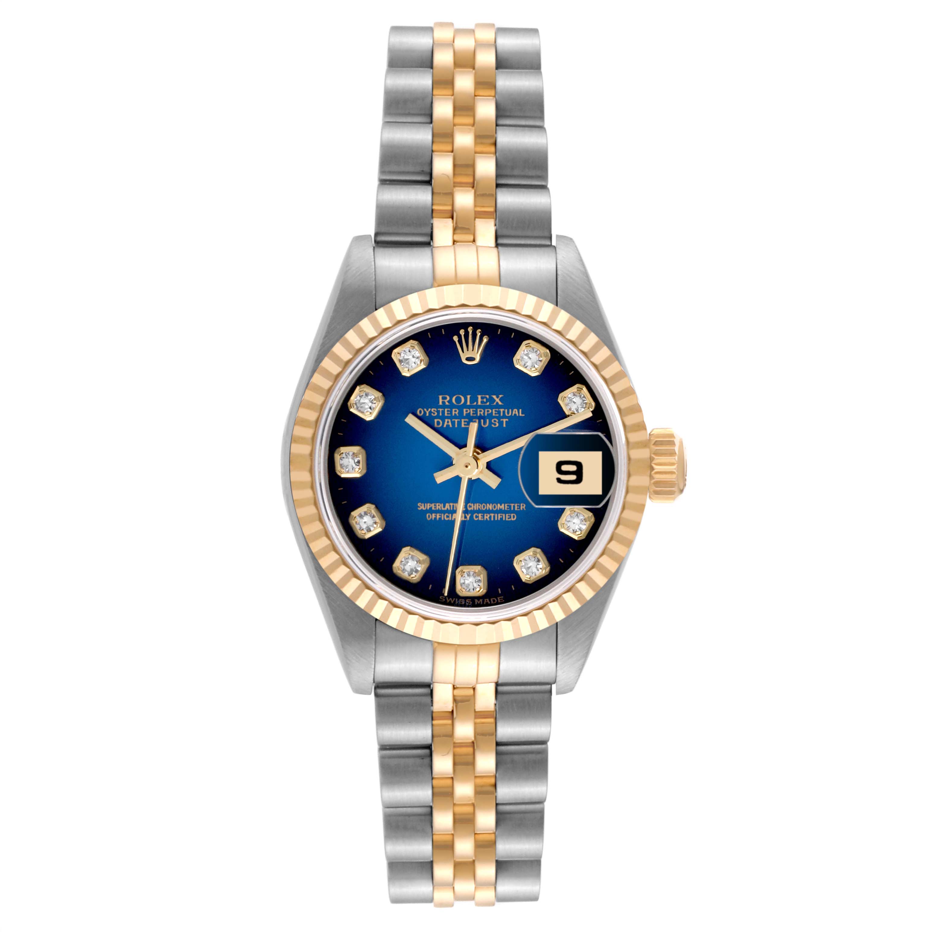 The Rolex Datejust 79173 Women's Steel and Gold (two tone) Blue Dial 79173 Women's Steel and Gold (two tone) Blue Dial watch is shown from the front, including the bezel, dial, hands, bracelet, and date window.