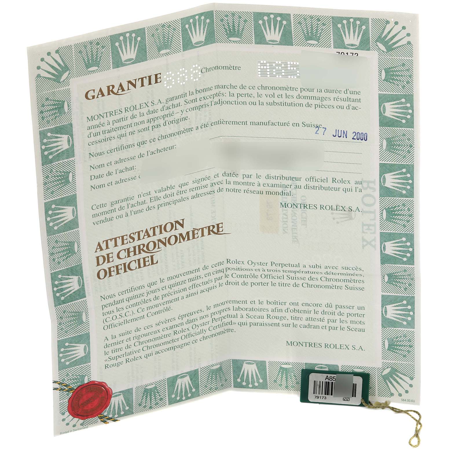 The image shows the warranty and chronometer certification papers of a Rolex Datejust 79173 Women's Steel and Gold (two tone) Blue Dial 79173 Women's Steel and Gold (two tone) Blue Dial watch.