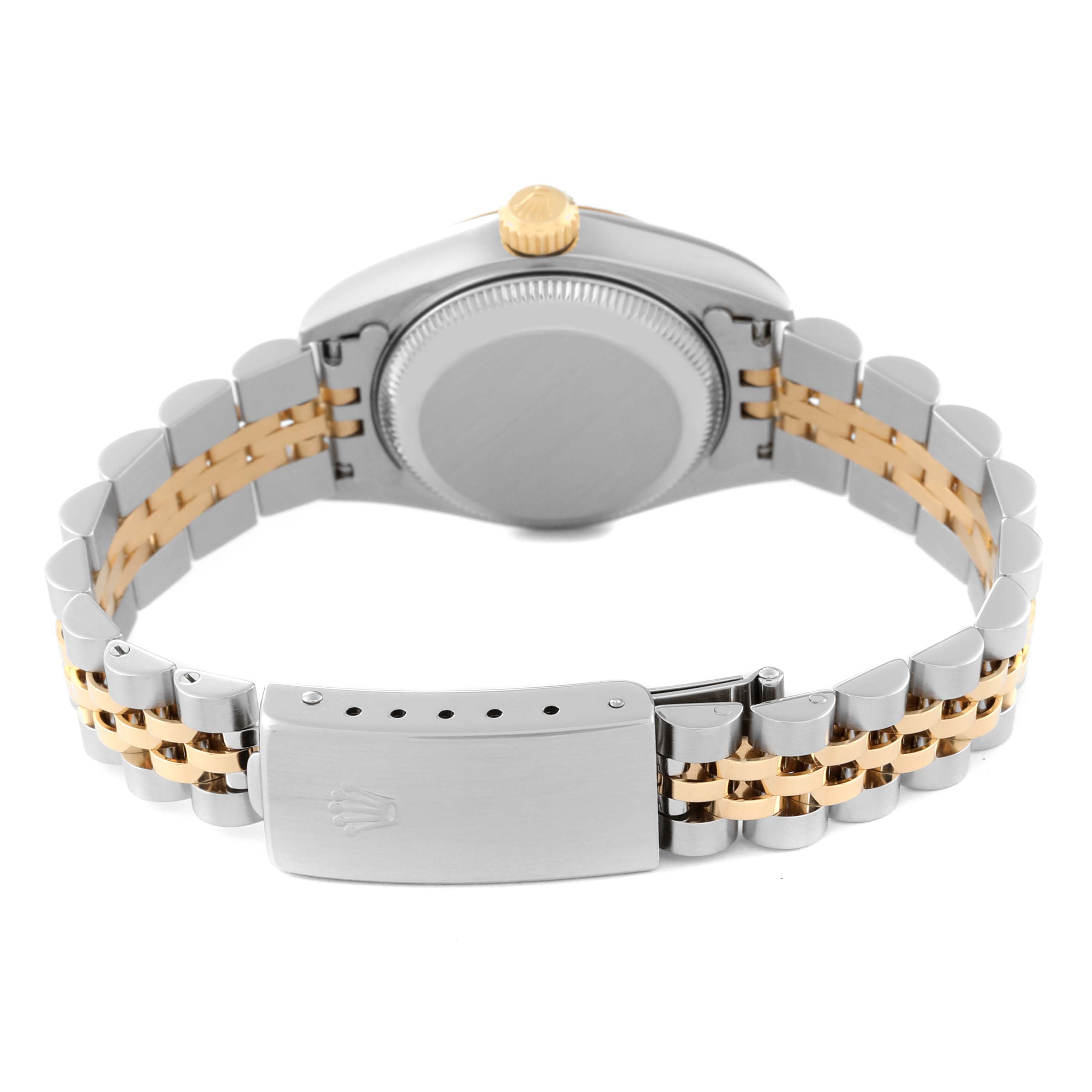 The image shows the back angle of the Rolex Datejust 79173 Women's Steel and Gold (two tone) Blue Dial 79173 Women's Steel and Gold (two tone) Blue Dial watch, focusing on the clasp, bracelet, and case back.