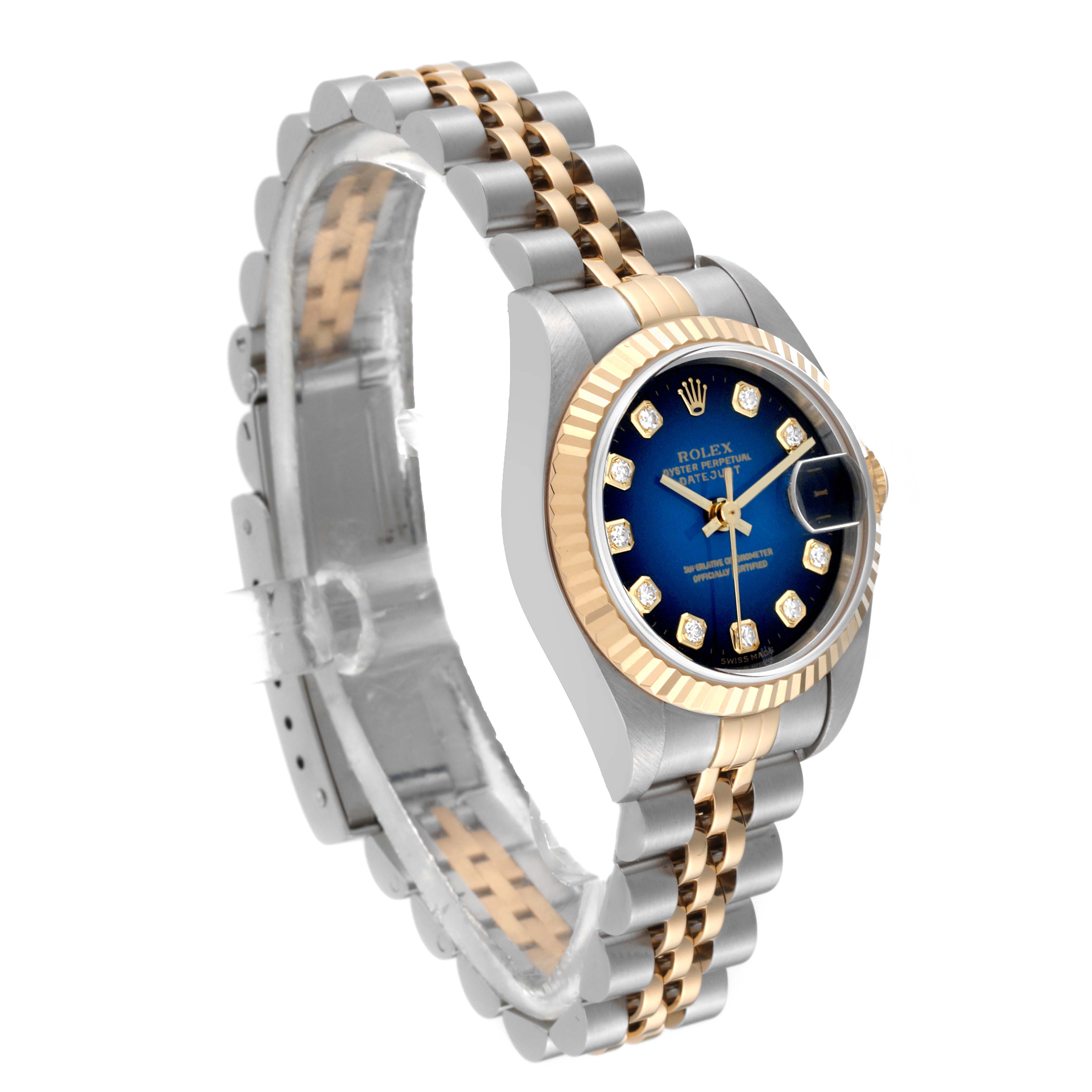 The Rolex Datejust 79173 Women's Steel and Gold (two tone) Blue Dial 79173 Women's Steel and Gold (two tone) Blue Dial watch is shown at a slight angle with a blue dial, diamond hour markers, and a two-tone Jubilee bracelet.