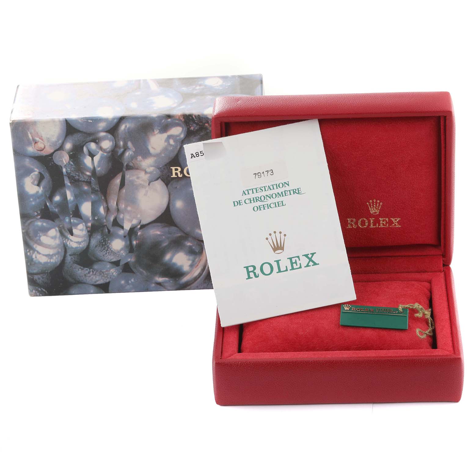 The image shows a Rolex Datejust 79173 Women's Steel and Gold (two tone) Blue Dial 79173 Women's Steel and Gold (two tone) Blue Dial box with official papers, a tag, and an outer decorative box.