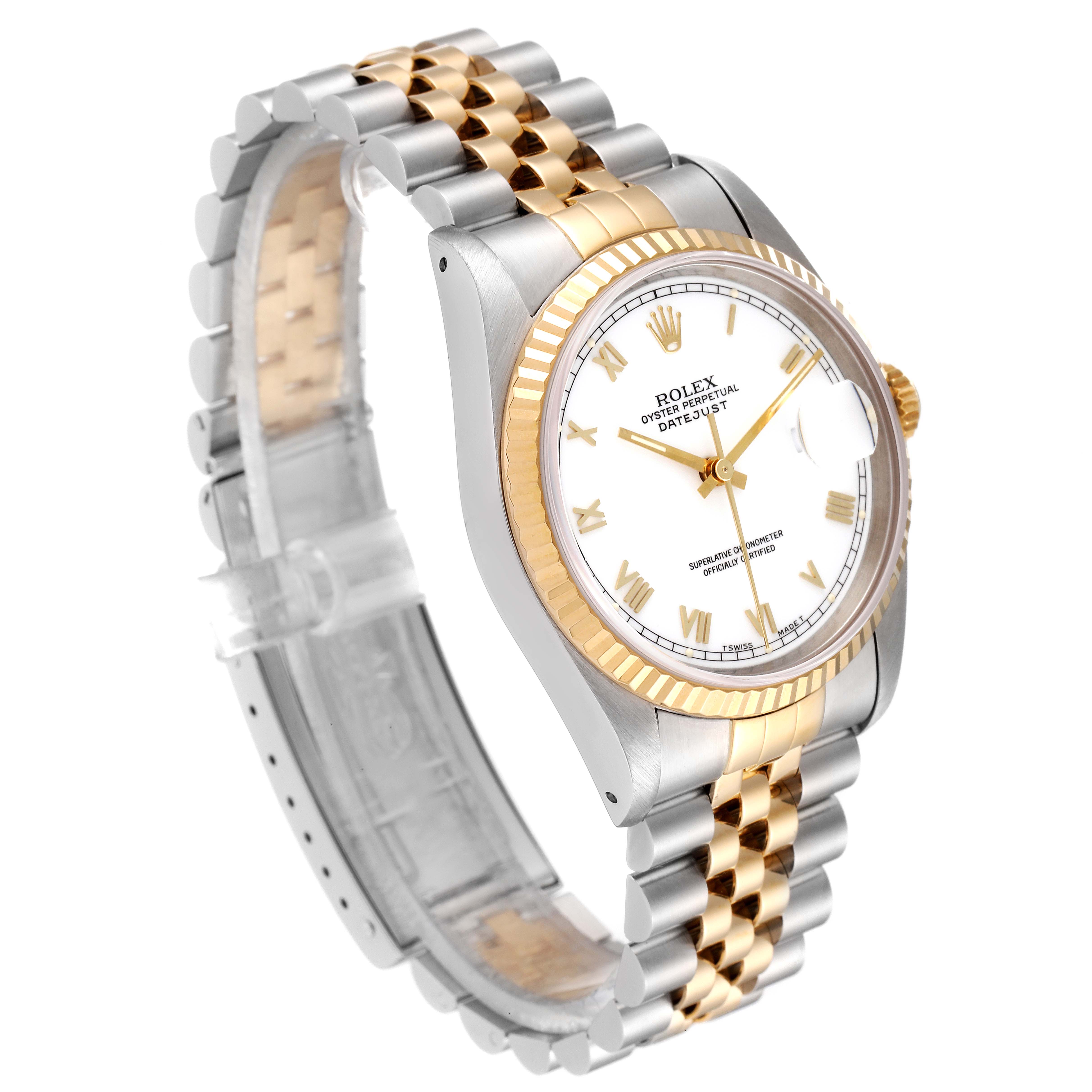 The image shows a Rolex Datejust 16233 Men's Steel and Gold (two tone) White Dial 16233 Men's Steel and Gold (two tone) White Dial watch from an angled side view, highlighting the face, bezel, and two-tone bracelet.
