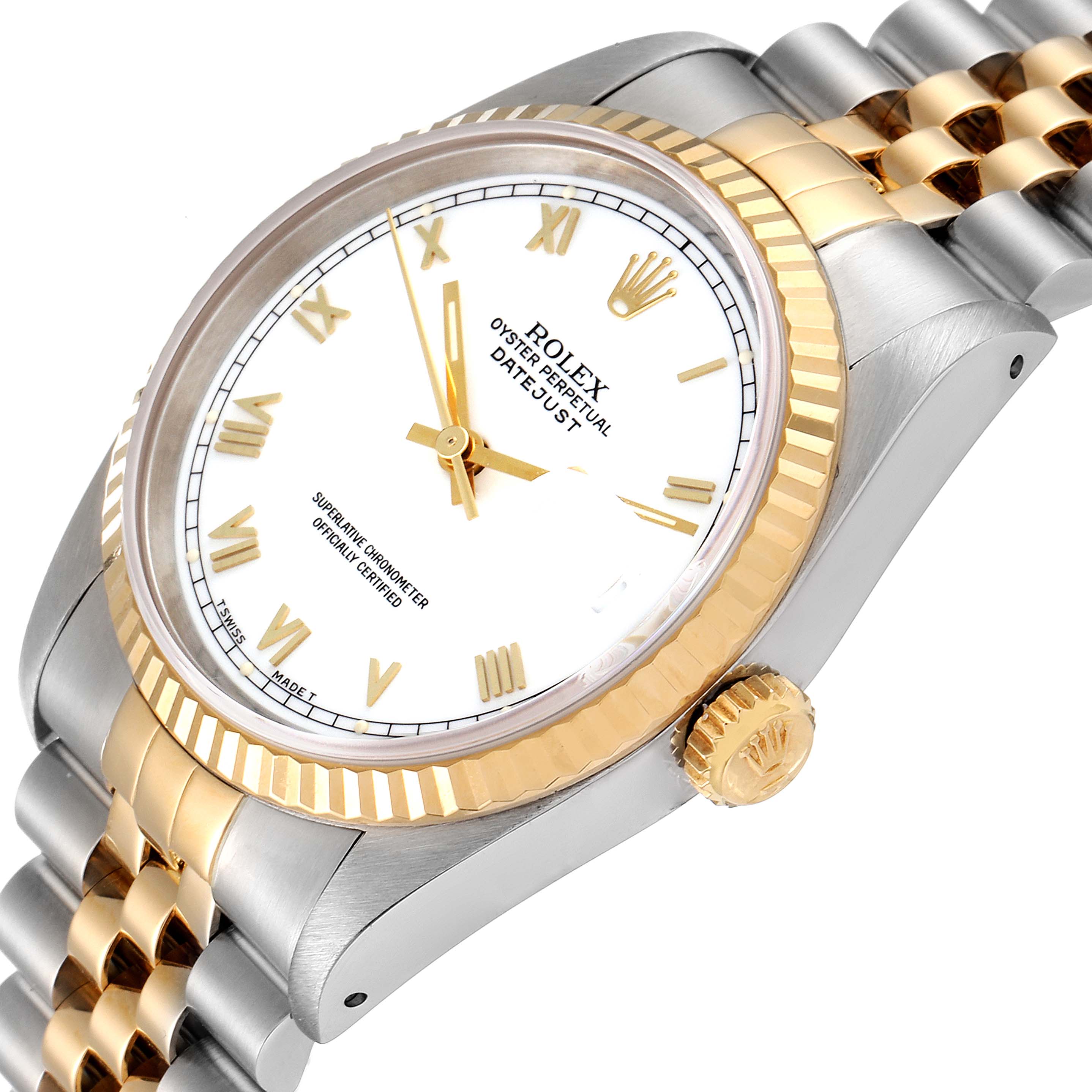 The image shows a Rolex Datejust 16233 Men's Steel and Gold (two tone) White Dial 16233 Men's Steel and Gold (two tone) White Dial watch from an angled side view, highlighting the dial, bezel, crown, and part of the bracelet.