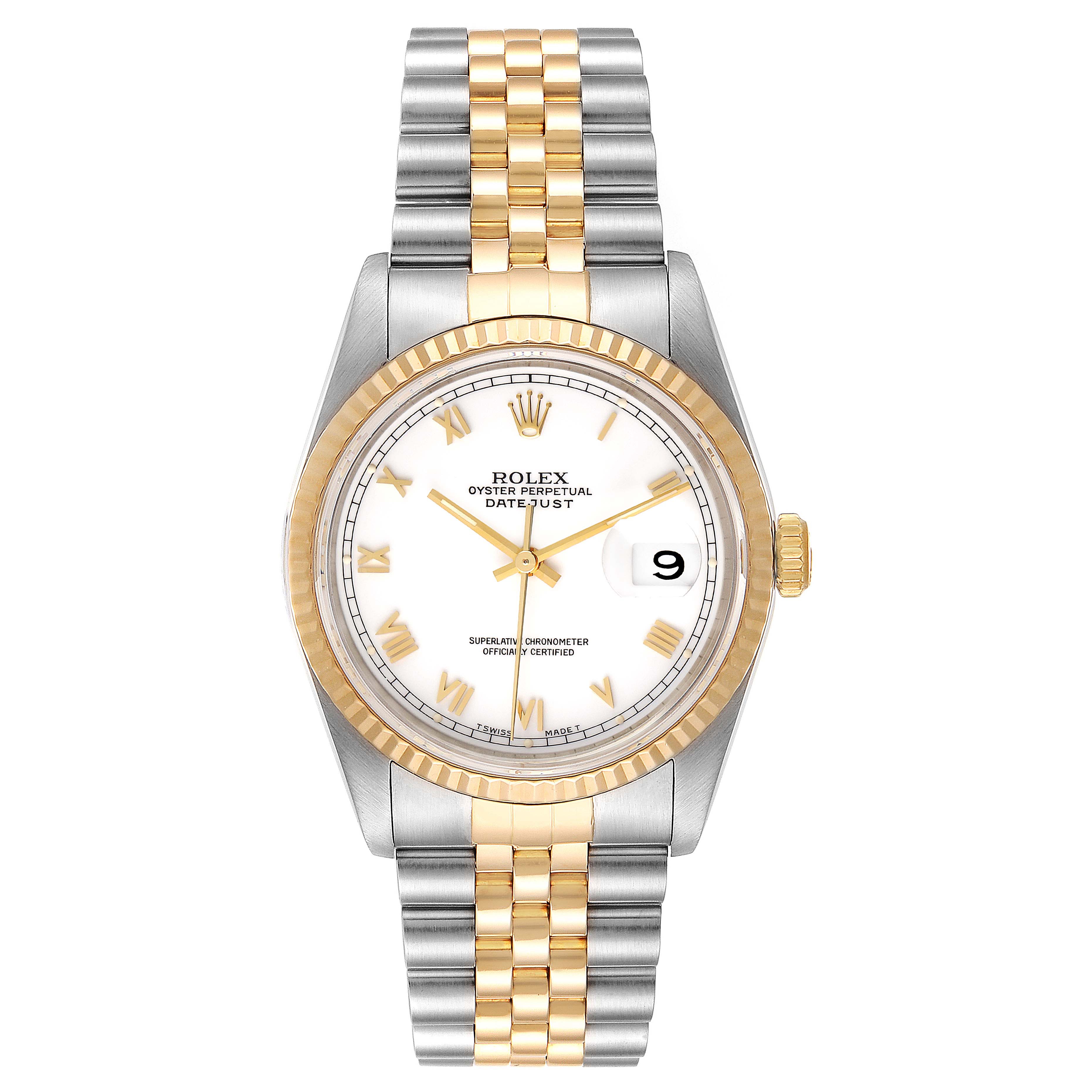 The image shows a frontal view of a Rolex Datejust 16233 Men's Steel and Gold (two tone) White Dial 16233 Men's Steel and Gold (two tone) White Dial watch, highlighting its jubilee bracelet, fluted bezel, and white dial with a date window.