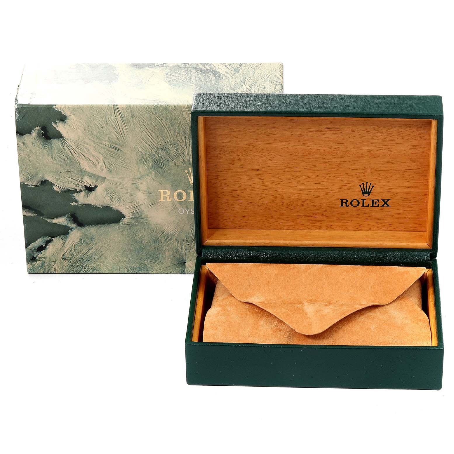 The image shows the packaging for a Rolex Datejust 16233 Men's Steel and Gold (two tone) White Dial 16233 Men's Steel and Gold (two tone) White Dial, including an outer box and a wooden inner box with a suede pouch.