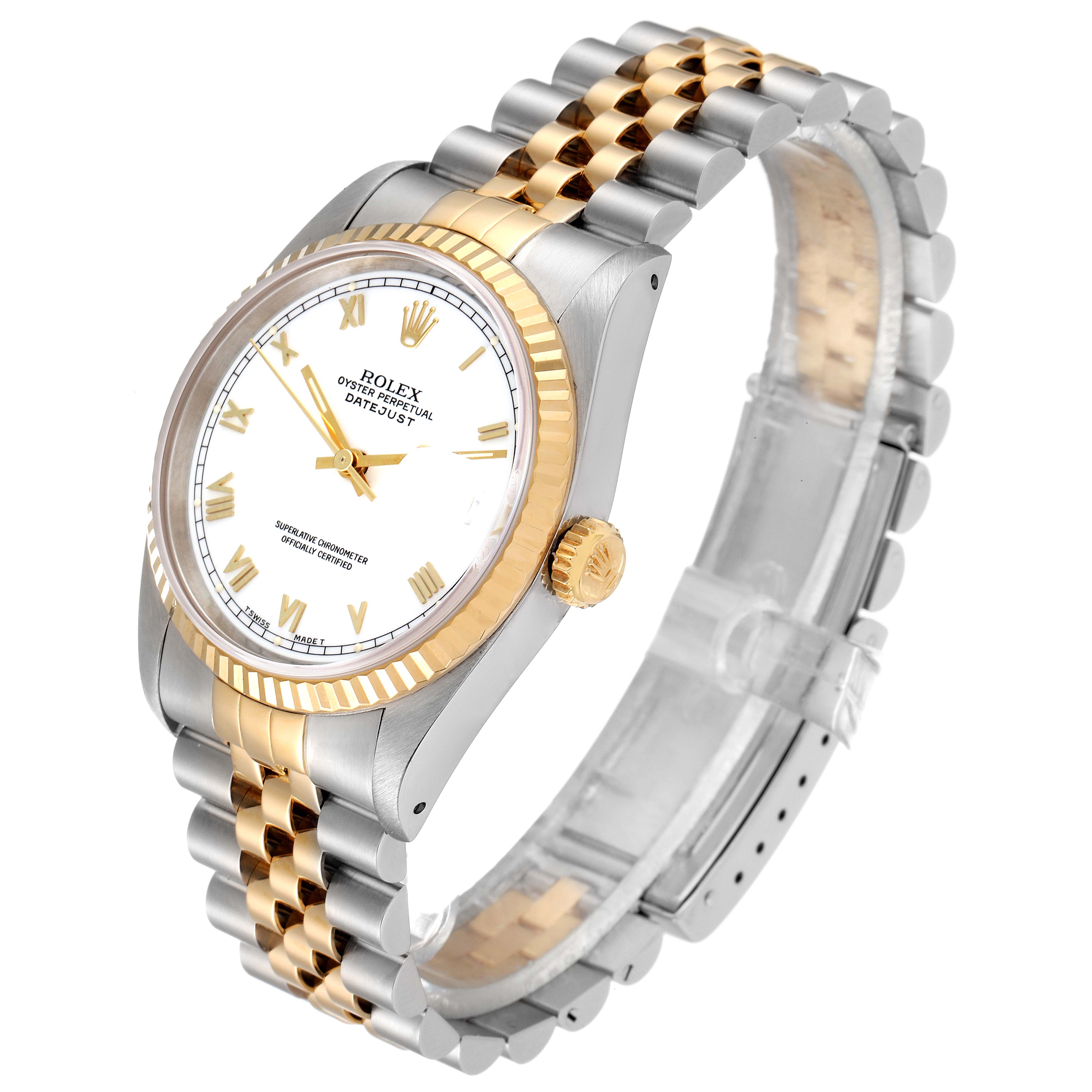 The image shows a Rolex Datejust 16233 Men's Steel and Gold (two tone) White Dial 16233 Men's Steel and Gold (two tone) White Dial watch at a three-quarter angle, highlighting the dial, fluted bezel, crown, and jubilee bracelet.