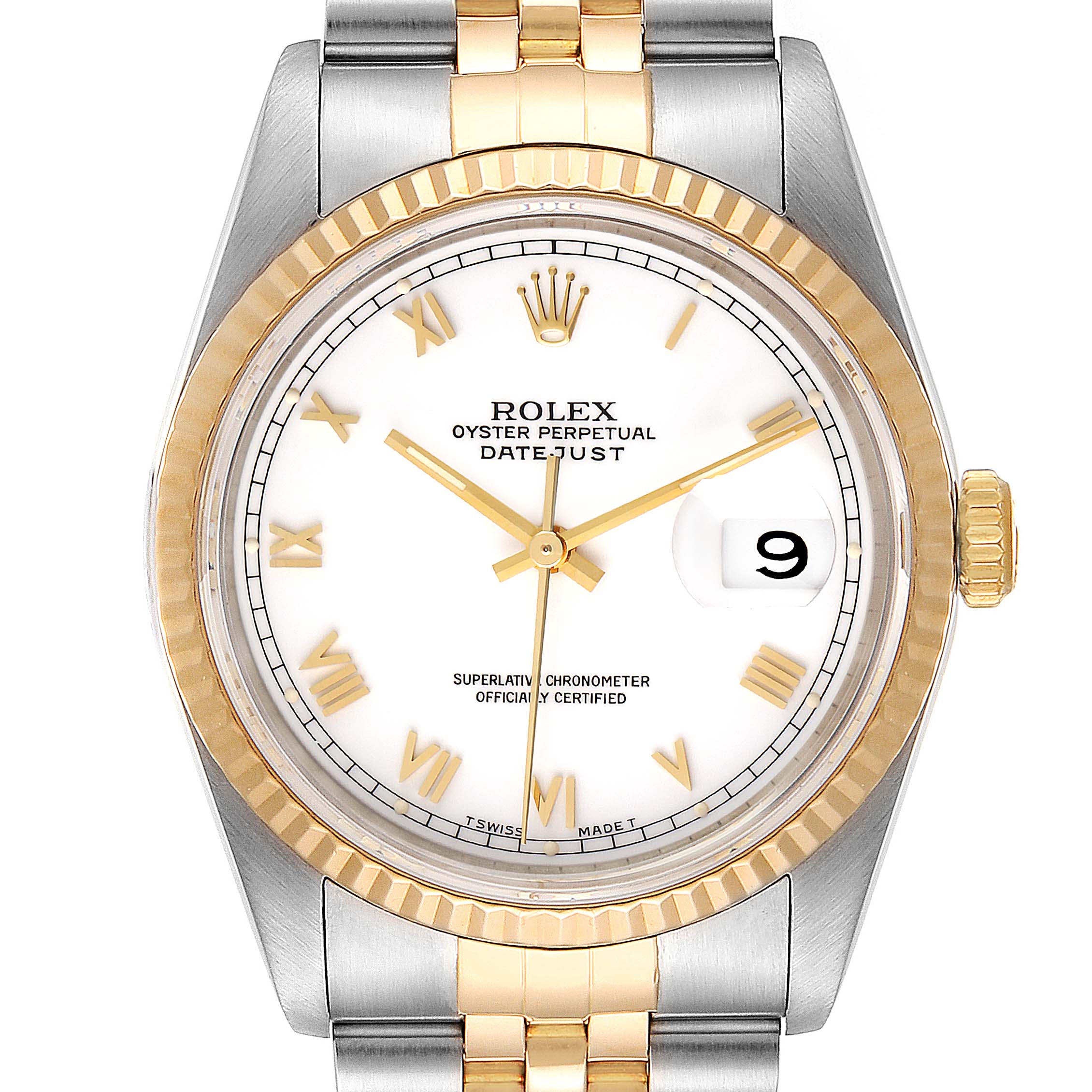The image shows a front view of the Rolex Datejust 16233 Men's Steel and Gold (two tone) White Dial 16233 Men's Steel and Gold (two tone) White Dial, highlighting the dial, hands, bezel, and part of the bracelet.