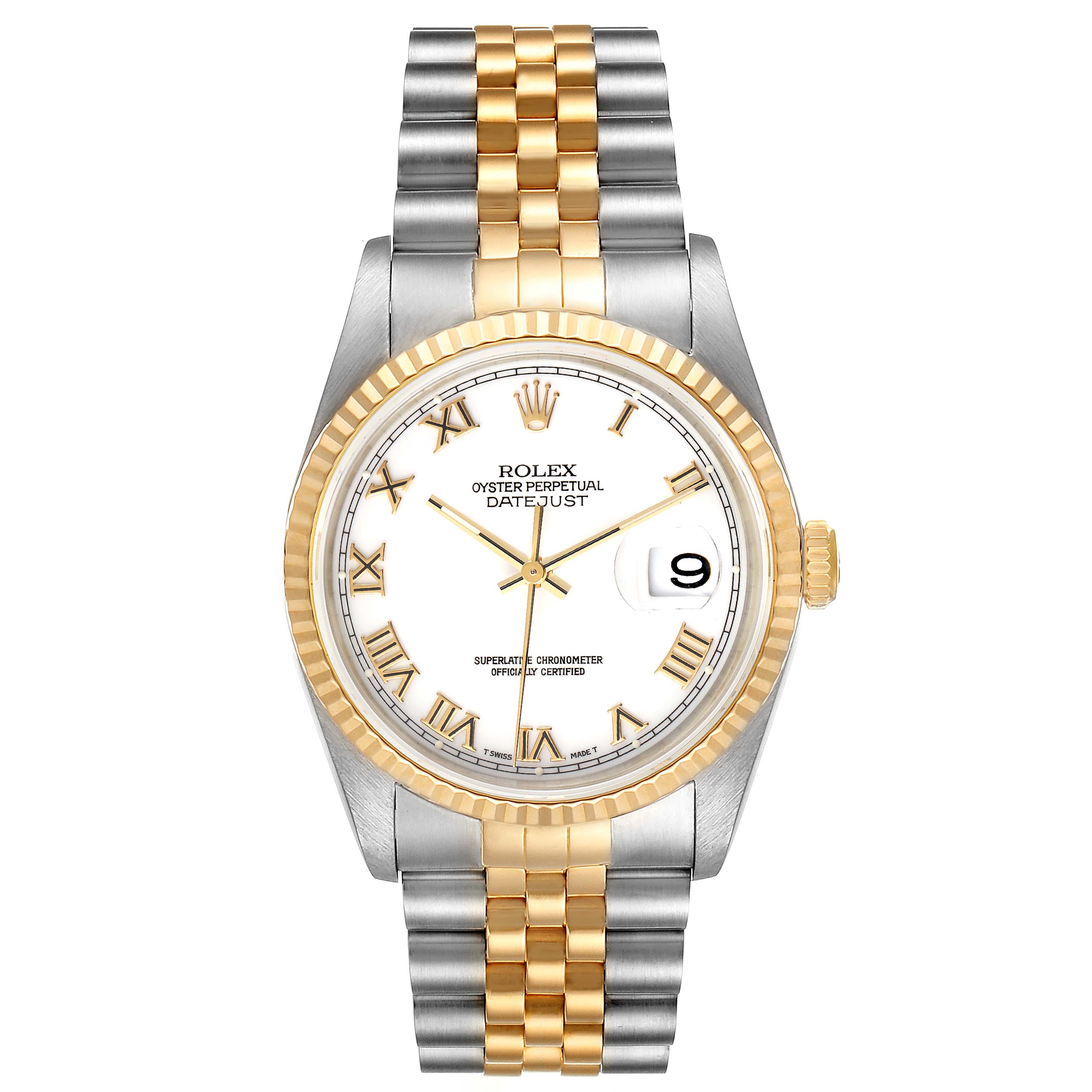 This image shows a front view of the Rolex Datejust 16233 Men's Steel and Gold (two tone) White Dial 16233 Men's Steel and Gold (two tone) White Dial watch featuring its face, fluted bezel, and two-tone bracelet.