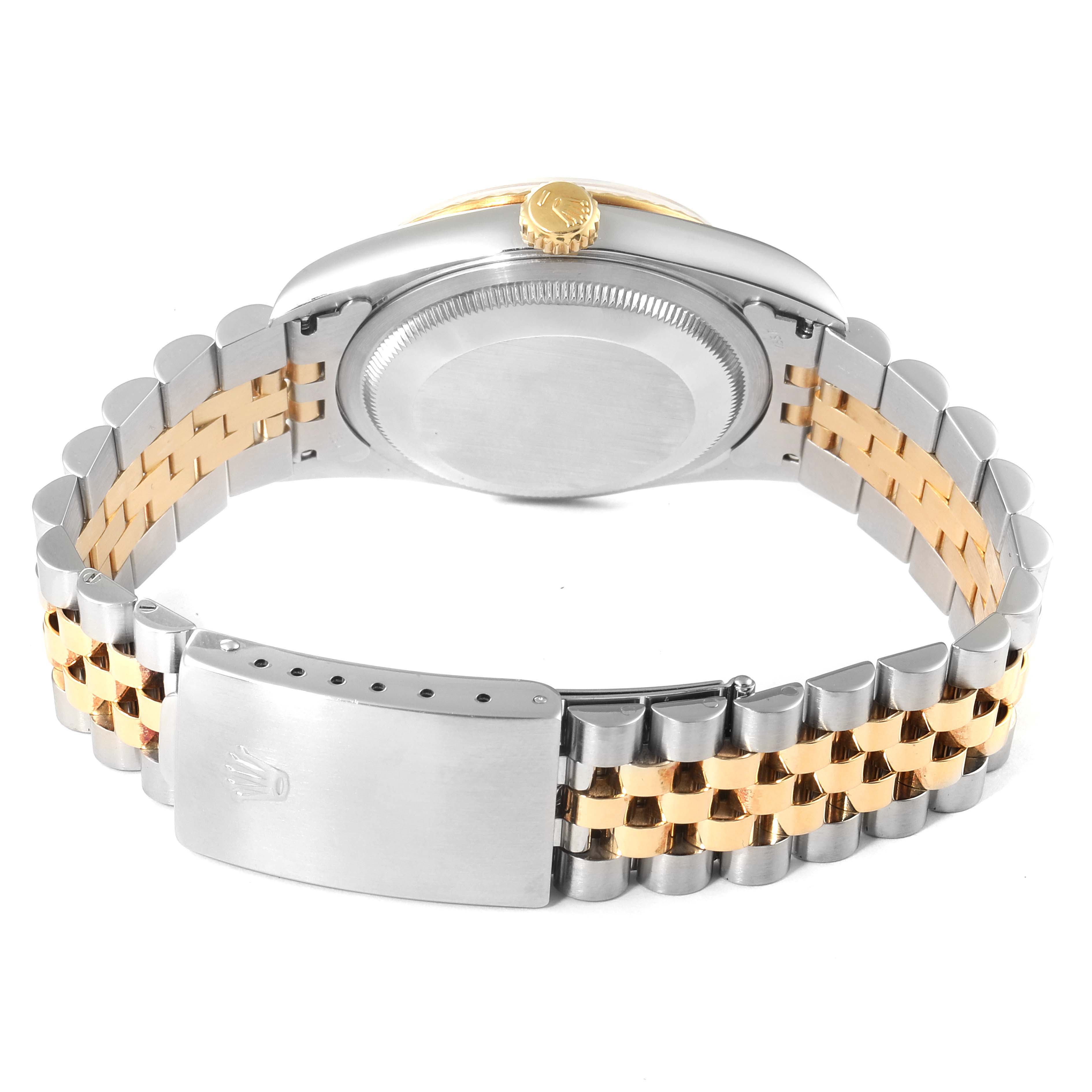 The image shows the back case and bracelet of a Rolex Datejust 16233 Men's Steel and Gold (two tone) White Dial 16233 Men's Steel and Gold (two tone) White Dial watch at an angled rear view.