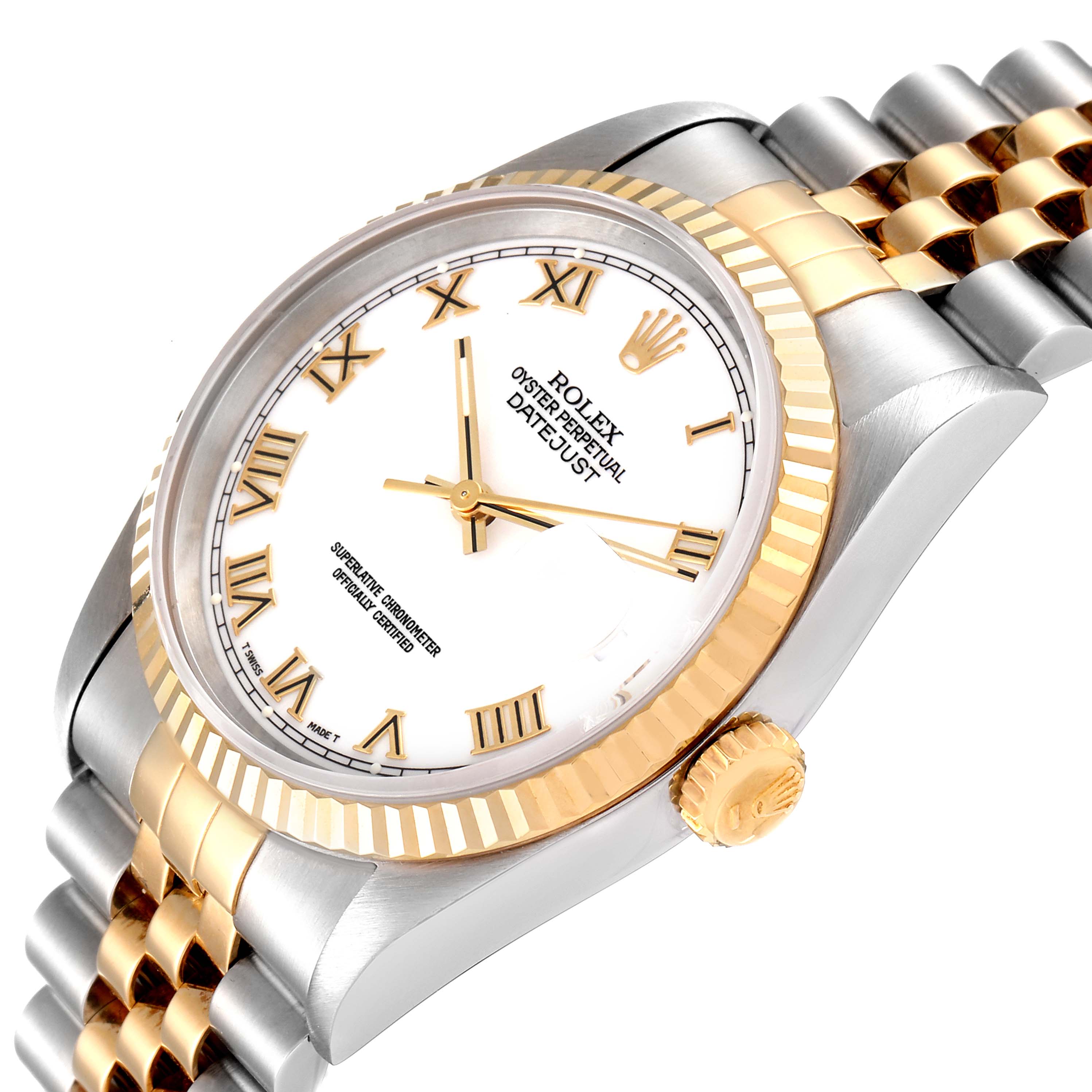 The image shows a close-up angle of the Rolex Datejust 16233 Men's Steel and Gold (two tone) White Dial 16233 Men's Steel and Gold (two tone) White Dial watch, highlighting the dial, bezel, and part of the bracelet.