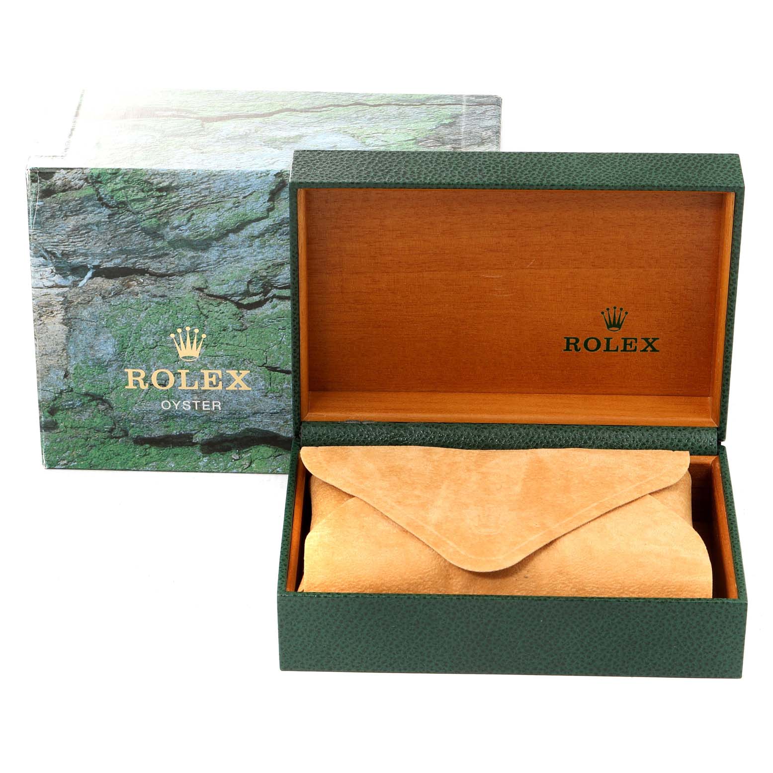 The image shows an open Rolex Datejust 16233 Men's Steel and Gold (two tone) White Dial 16233 Men's Steel and Gold (two tone) White Dial model box and a suede watch pouch placed inside.