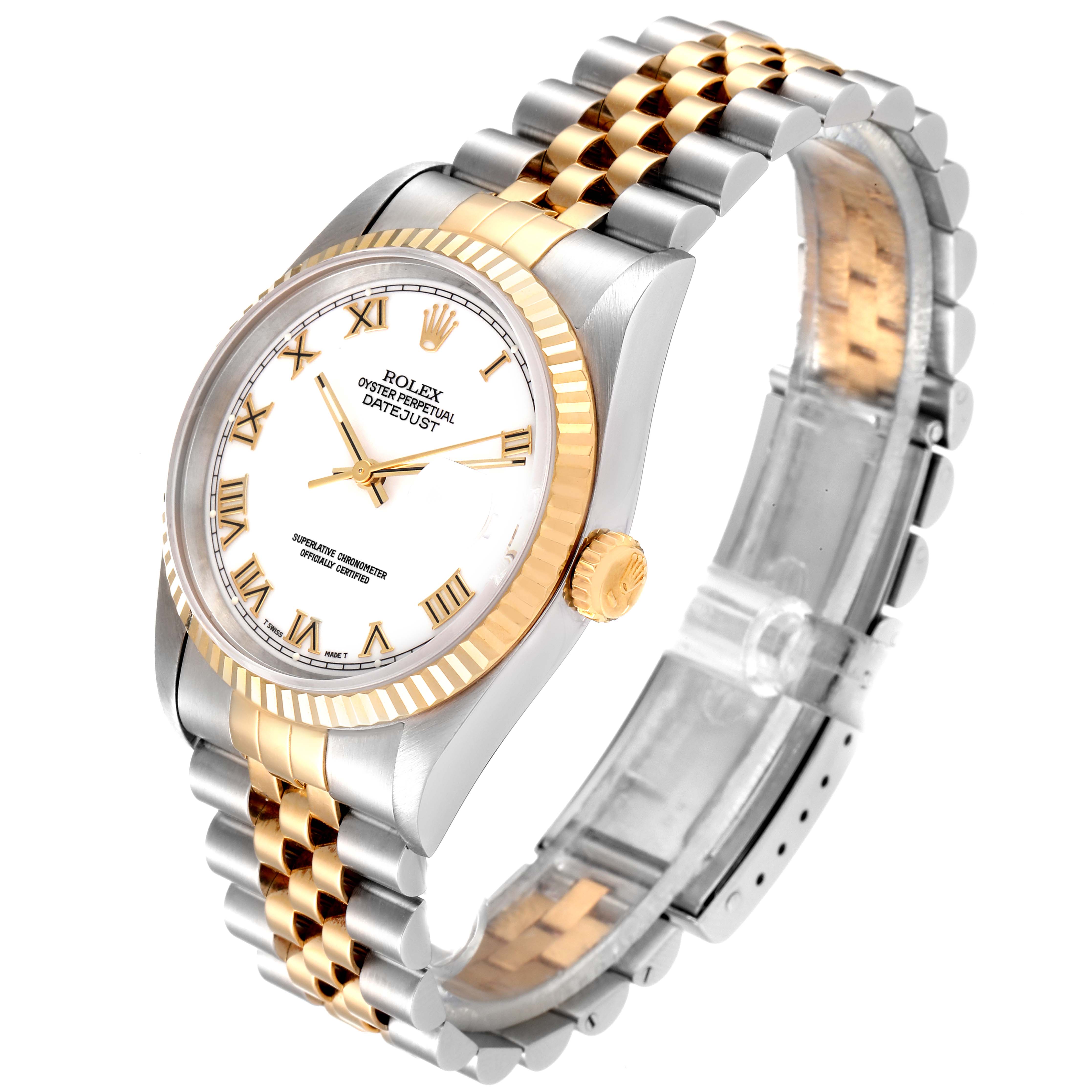 The image shows a Rolex Datejust 16233 Men's Steel and Gold (two tone) White Dial 16233 Men's Steel and Gold (two tone) White Dial model watch with a two-tone metal bracelet and a white dial with Roman numerals, viewed from an angled perspective.