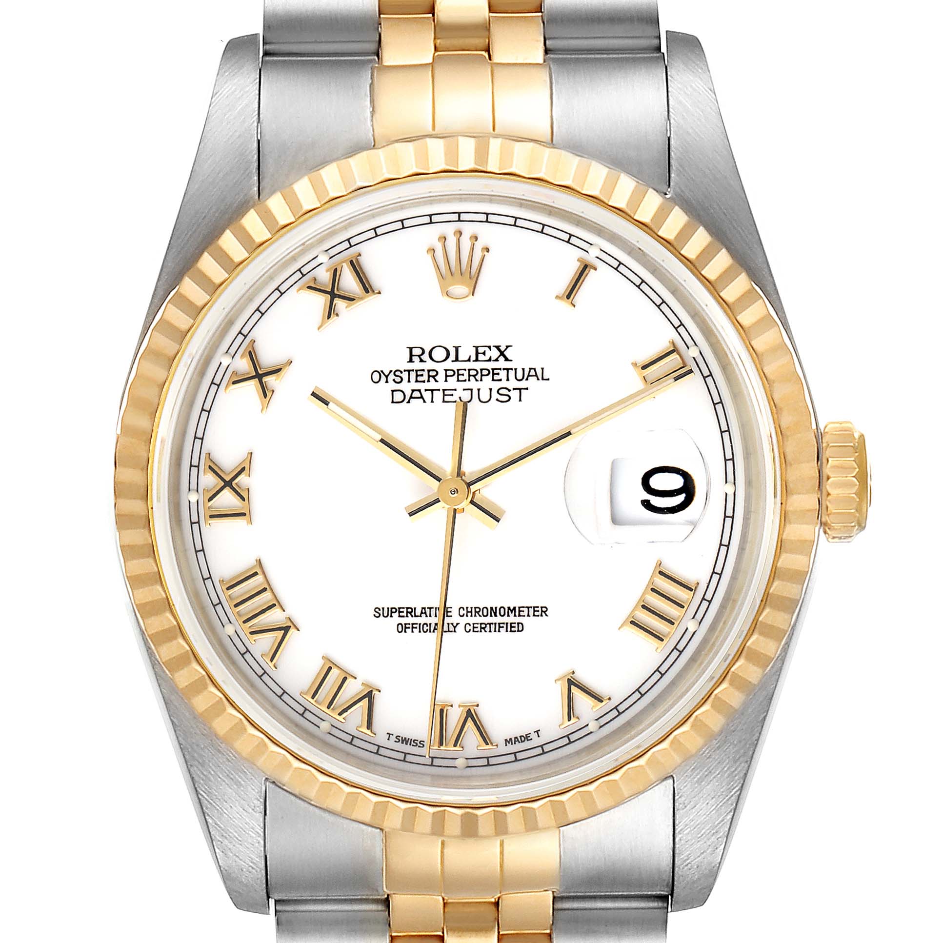 This Rolex Datejust 16233 Men's Steel and Gold (two tone) White Dial 16233 Men's Steel and Gold (two tone) White Dial watch is shown from the front, displaying its dial, bezel, and part of the bracelet.