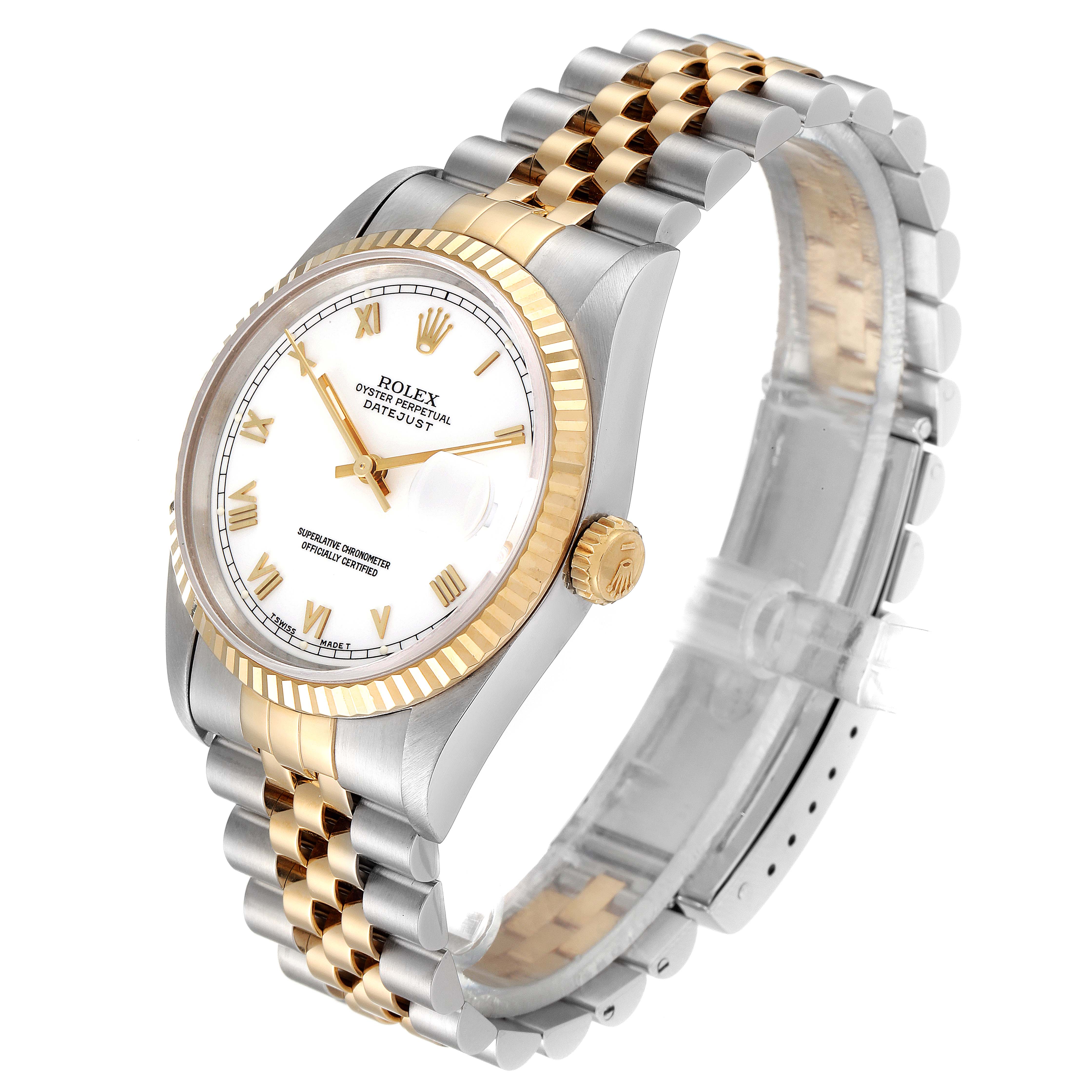 This image shows a Rolex Datejust 16233 Men's Steel and Gold (two tone) White Dial 16233 Men's Steel and Gold (two tone) White Dial watch at a three-quarter angle, highlighting the dial, bezel, and two-tone bracelet.