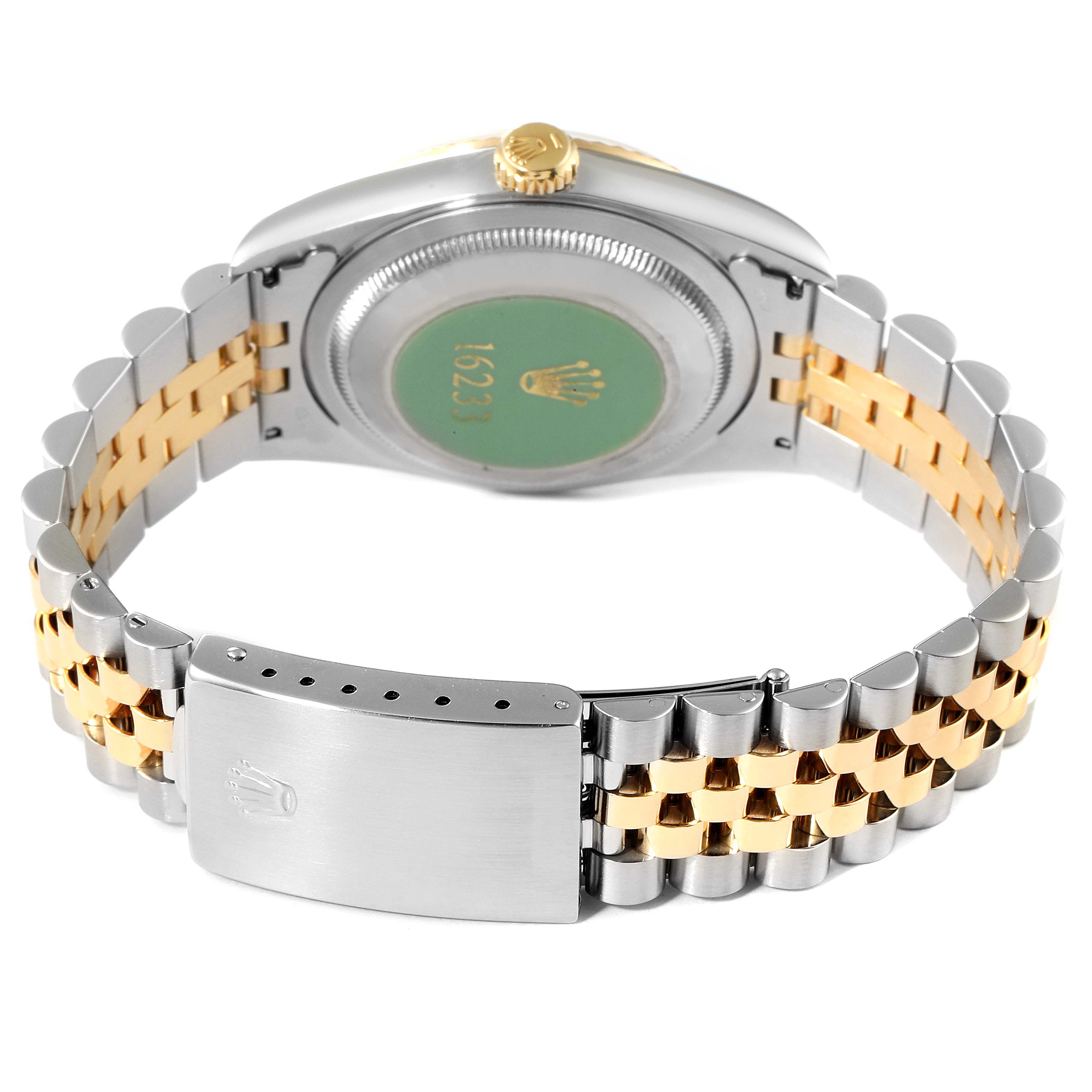 This image shows the back and side of the Rolex Datejust 16233 Men's Steel and Gold (two tone) White Dial 16233 Men's Steel and Gold (two tone) White Dial watch, highlighting its two-tone bracelet and clasp.