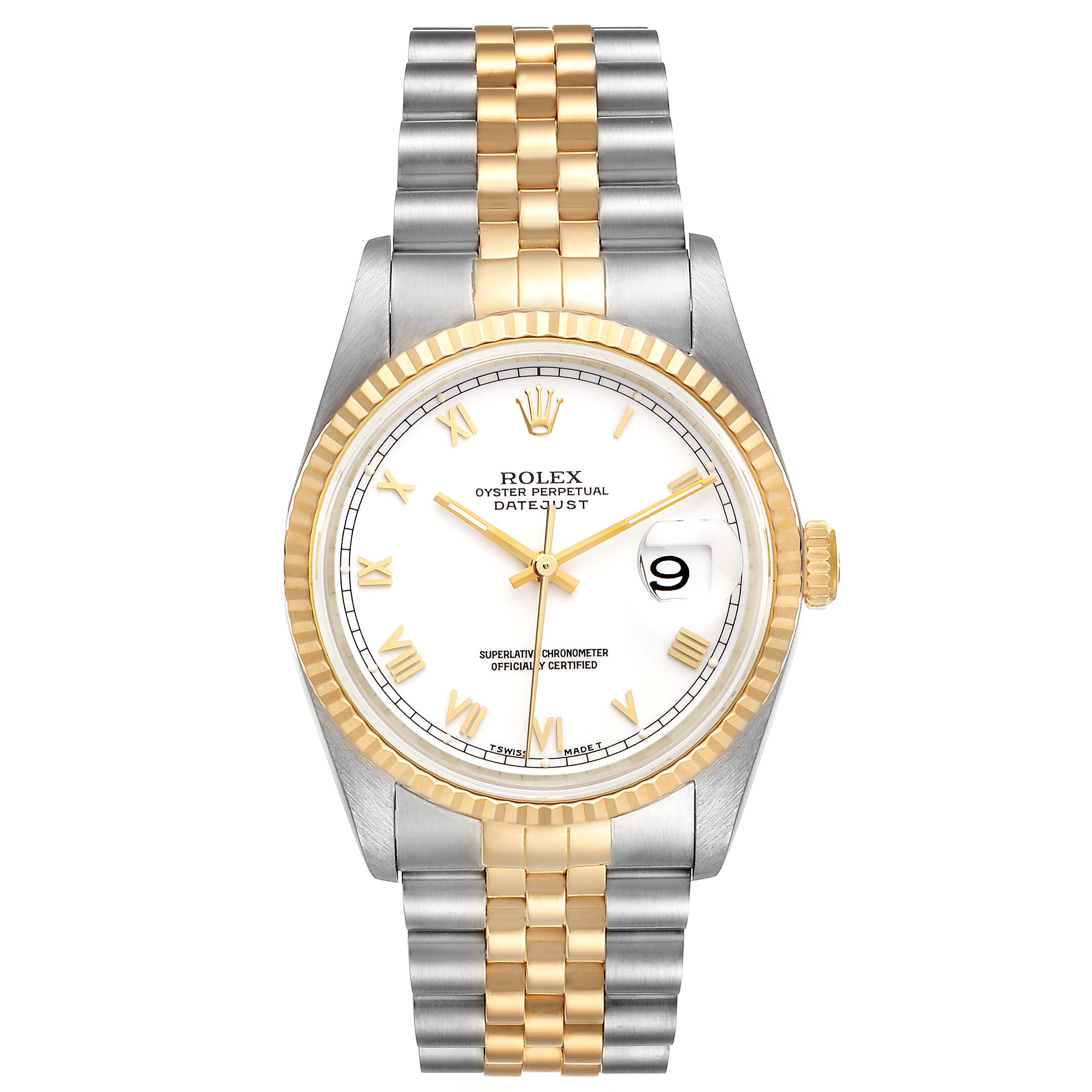 The Rolex Datejust 16233 Men's Steel and Gold (two tone) White Dial 16233 Men's Steel and Gold (two tone) White Dial model watch is shown from a top-down angle, displaying the face, bezel, and bracelet.